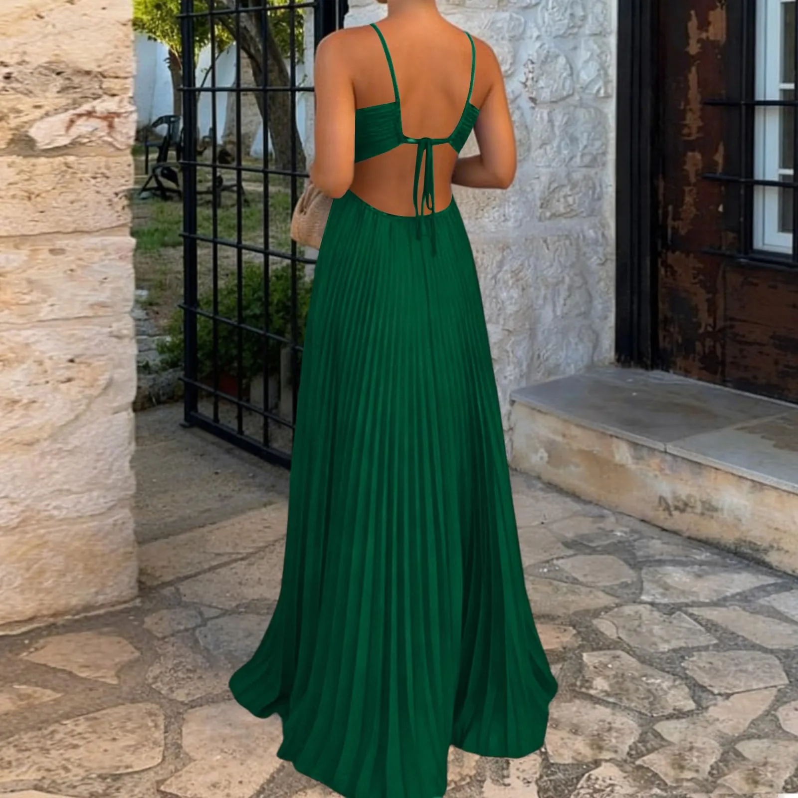 TOFOTL Vestito Donna Estivo Elegante Maxi Plissettato Verde Militare L - immagine 3