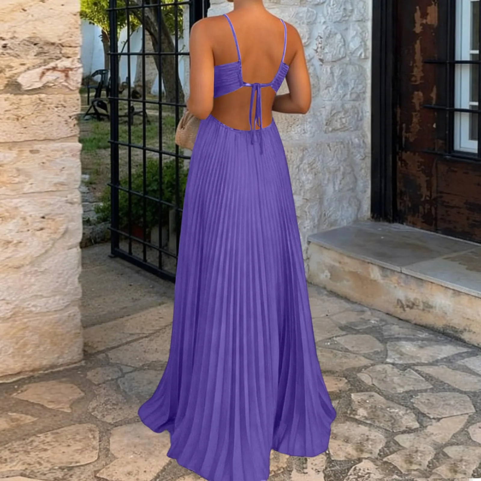TOFOTL Abito Donna Maxi Plissettato Senza Maniche Schiena Scoperta Viola L - immagine 3