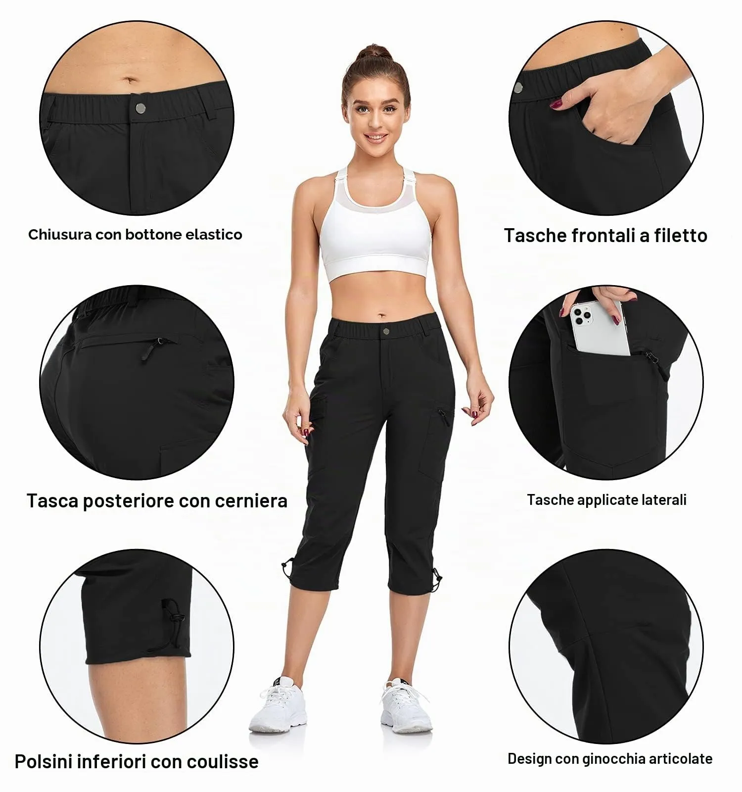 GymBrave Pantaloni Trekking Donna Cargo Capri 3/4 Estivi Nero L - immagine 4