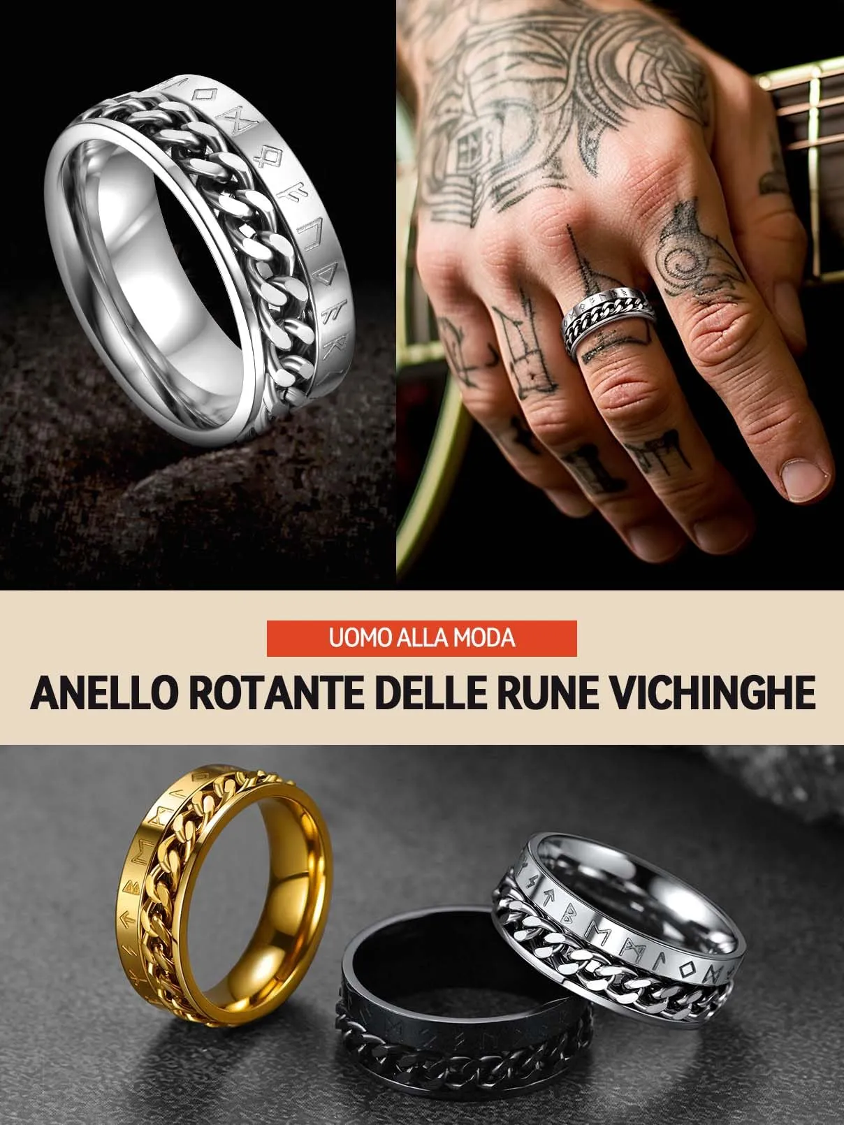 FaithHeart Anello Vichingo Catena Ruotabile Ansiolitico con Rune Personalizzabile, Acciaio Inossidabile, Taglia IT 22 - immagine 3