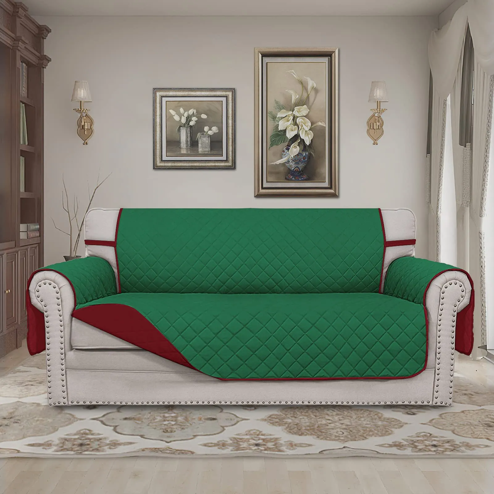 Easy-Going Copridivano Reversibile con 2 Cuscini per Divanetto Sovradimensionato, Verde/Rosso Natalizio - immagine 2