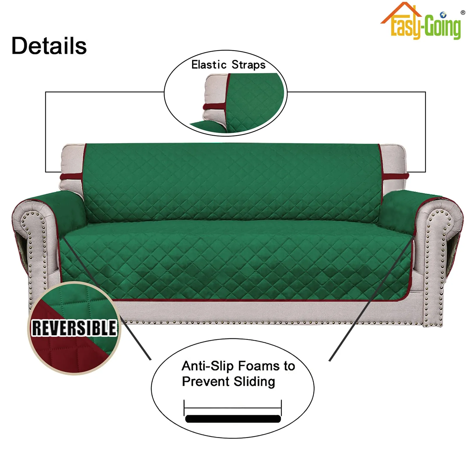 Easy-Going Copridivano Reversibile con 2 Cuscini per Divanetto Sovradimensionato, Verde/Rosso Natalizio - immagine 3