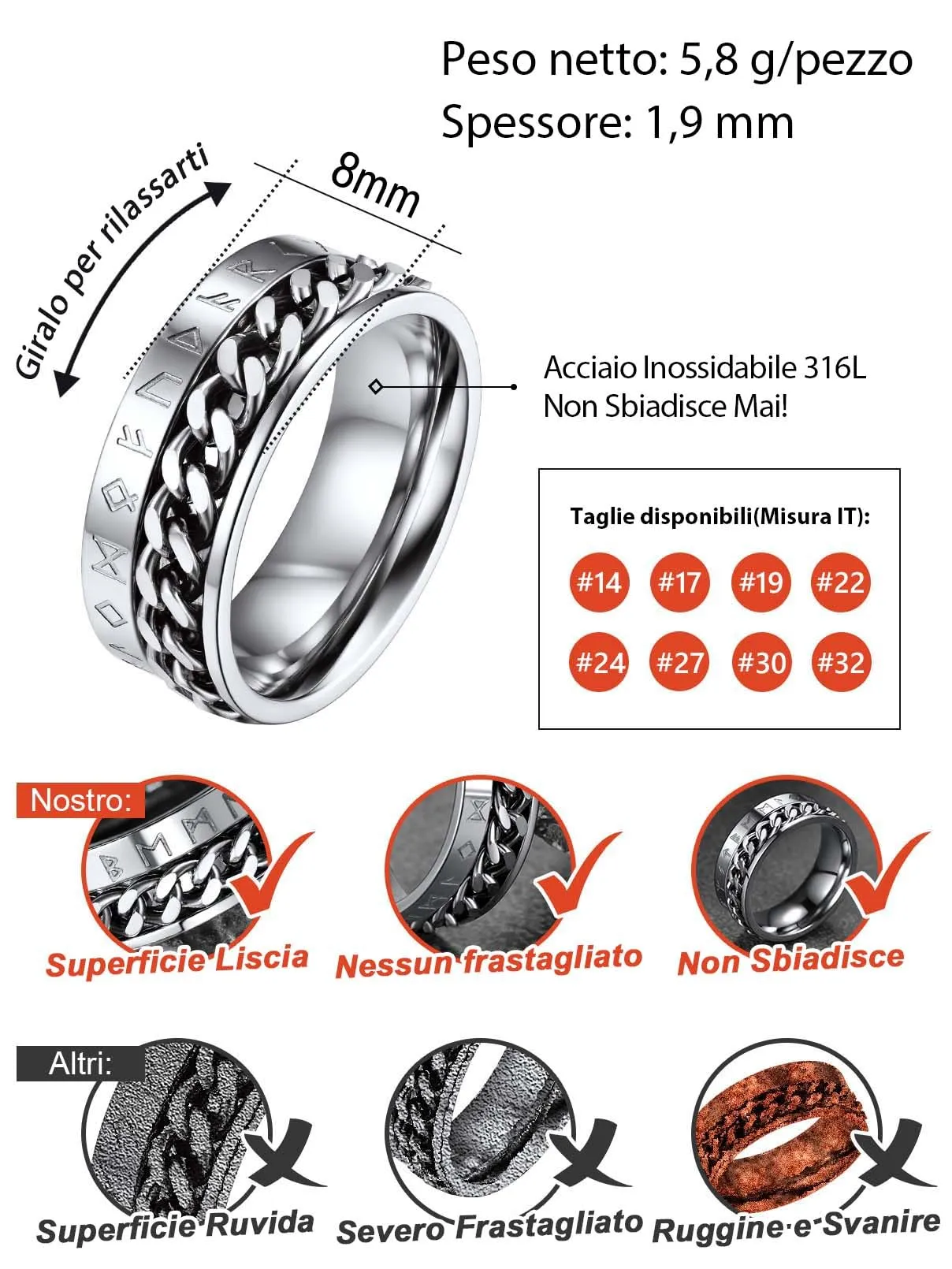 FaithHeart Anello a Catena Ruotabile Vichingo Personalizzabile in Acciaio Inossidabile, Taglia IT 14-32 - immagine 5