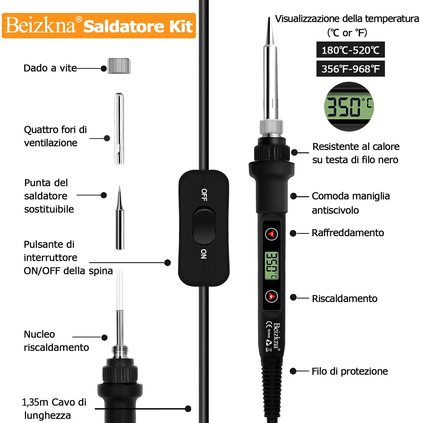 Beizkna Saldatore a Stagno Kit 80W con LCD, Temperatura Regolabile 180-520℃, 13 in 1 - immagine 4