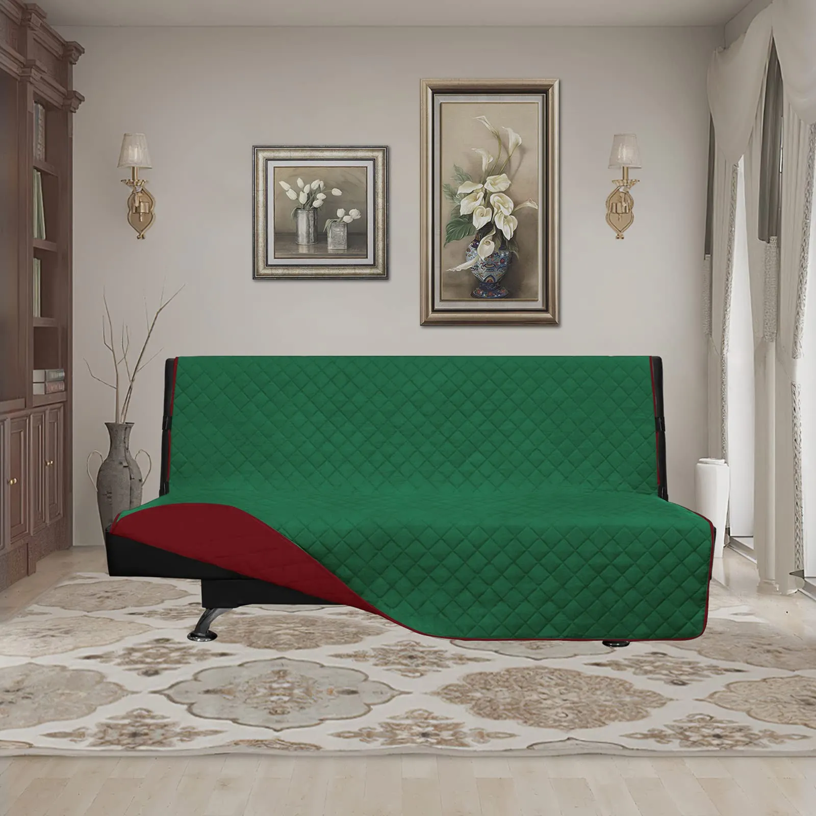 Easy-Going Futon Slipcover, Reversibile, Senza Braccioli, Impermeabile, Verde/Rosso Natalizio, 70'' - immagine 2