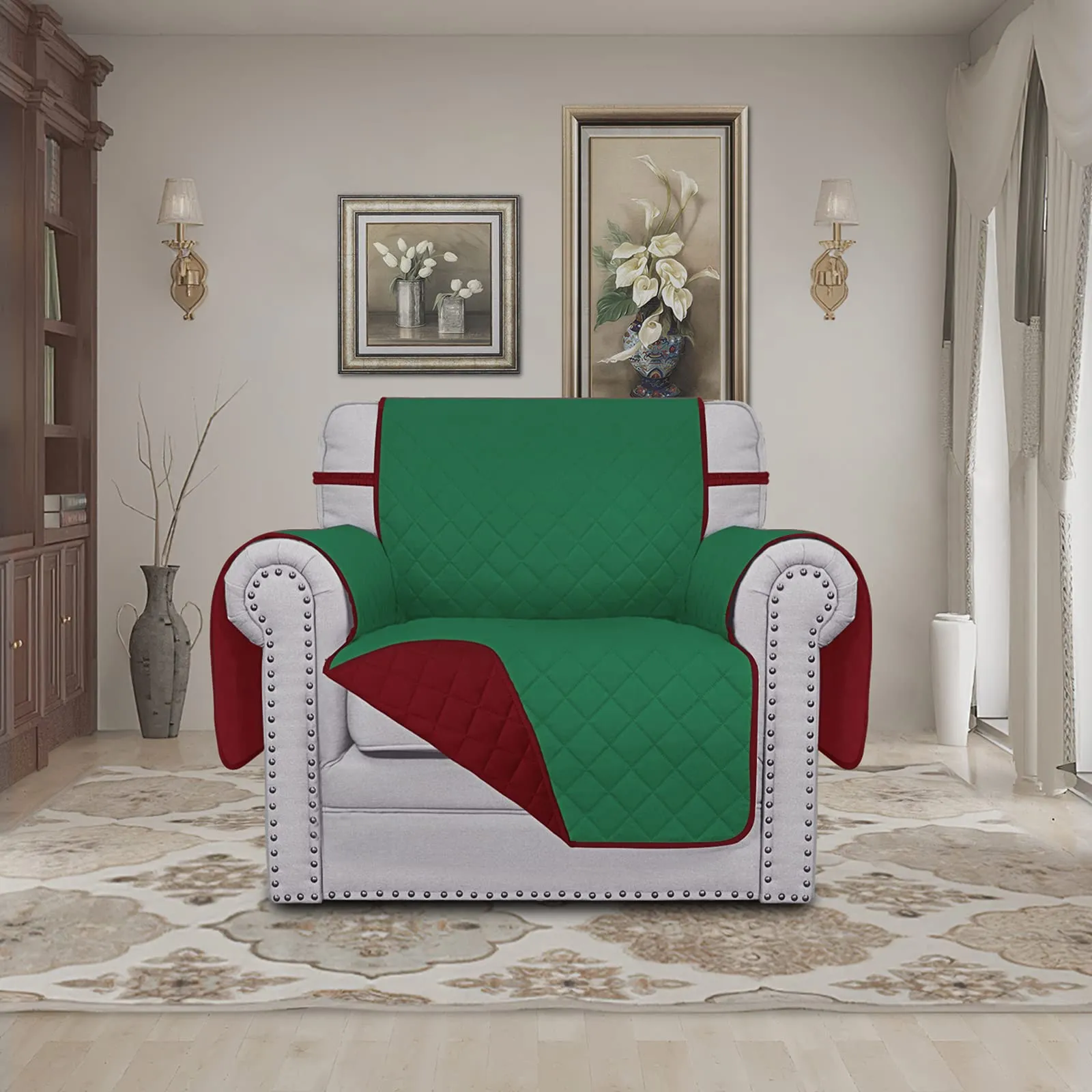 Easy-Going Copridivano e Coprisedia Reversibile Resistente all'Acqua con Fasce Elastiche, Verde, Sedia - immagine 2