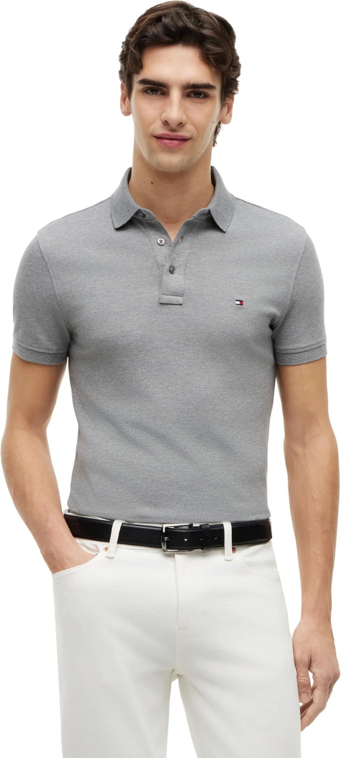 Tommy Hilfiger Polo Maniche Corte 1985 Slim Fit, Grigio (Medium Grey Heather), L - immagine 1