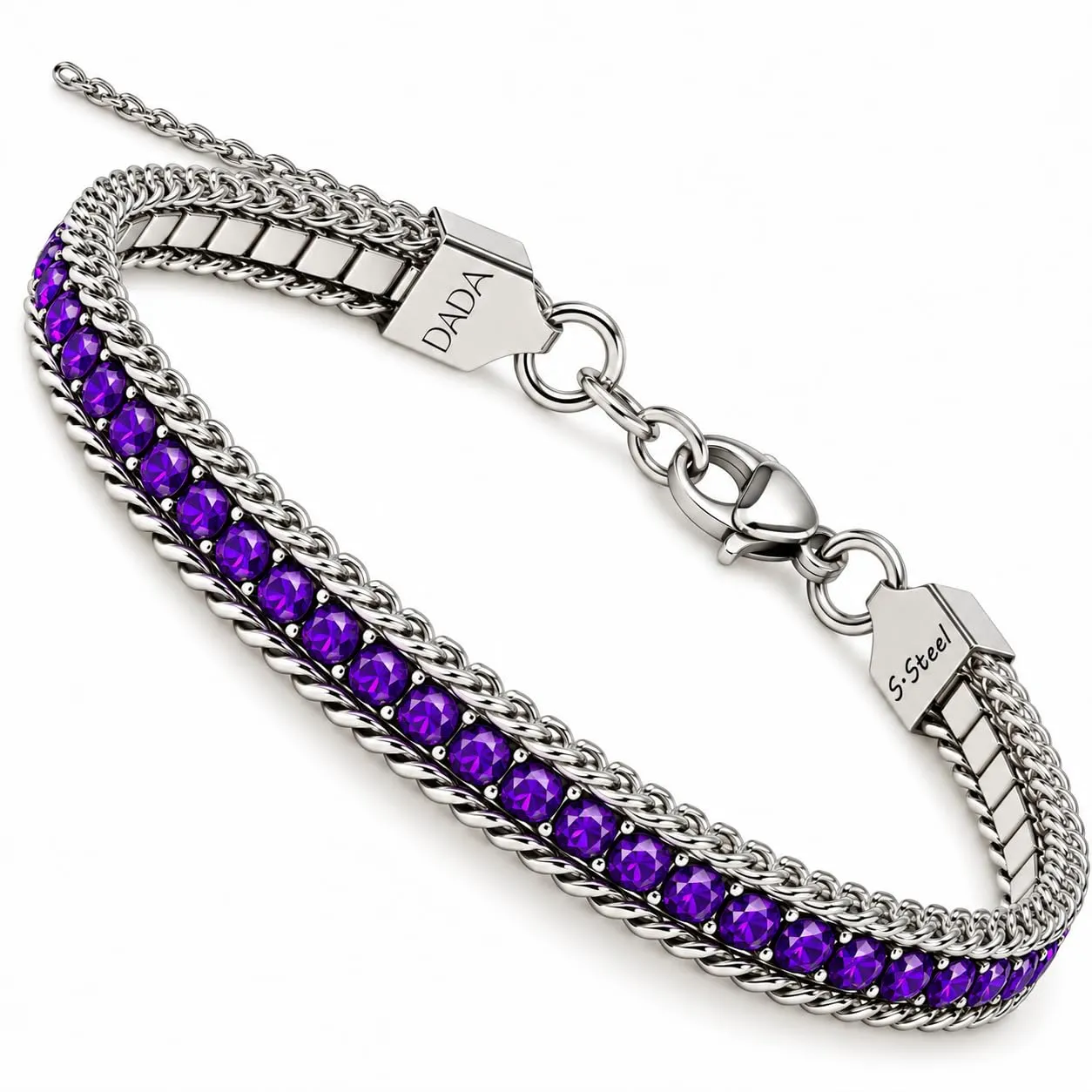 Dada Gioielli Bracciale Tennis e Grumetta in Acciaio Inossidabile - Viola Ametista - immagine 1