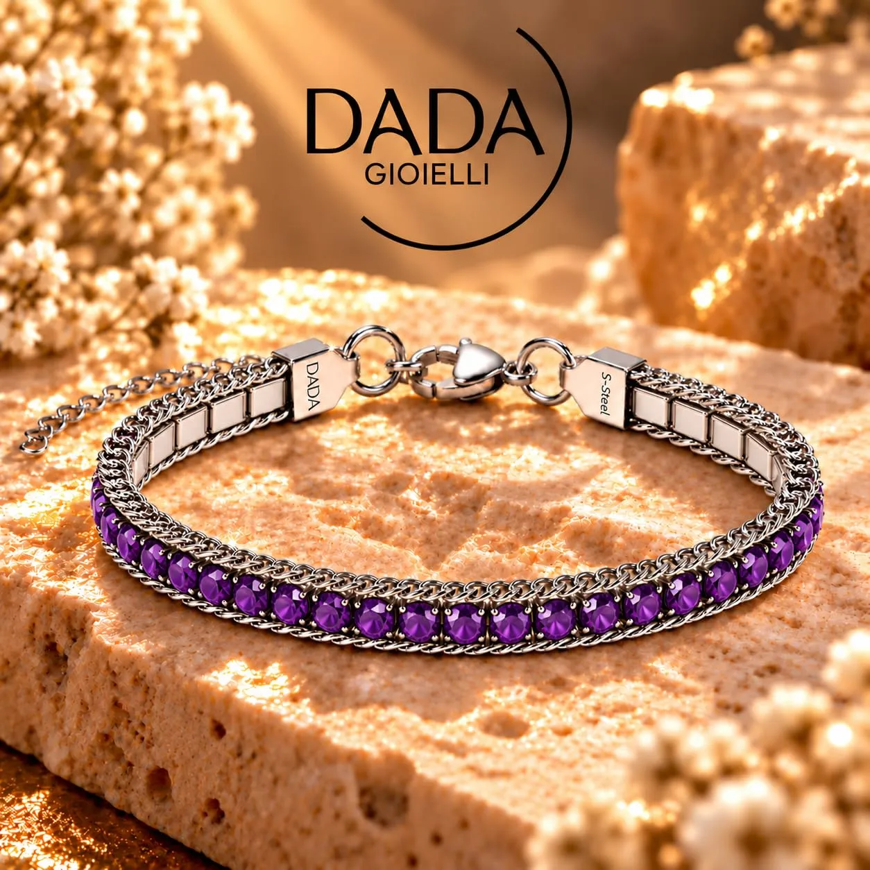 Dada Gioielli Bracciale Tennis e Grumetta in Acciaio Inossidabile - Viola Ametista - immagine 3