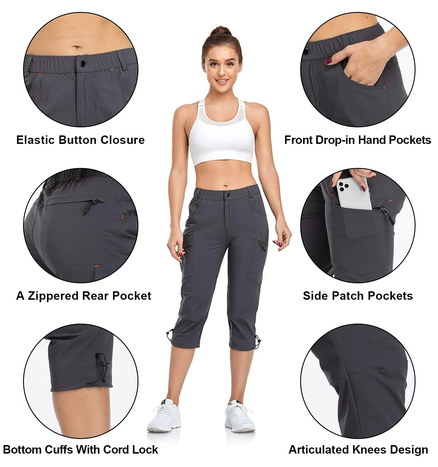 GymBrave Pantaloni Trekking Donna Cargo Capri 3/4 Estivi Leggeri, Grigio, S - immagine 4