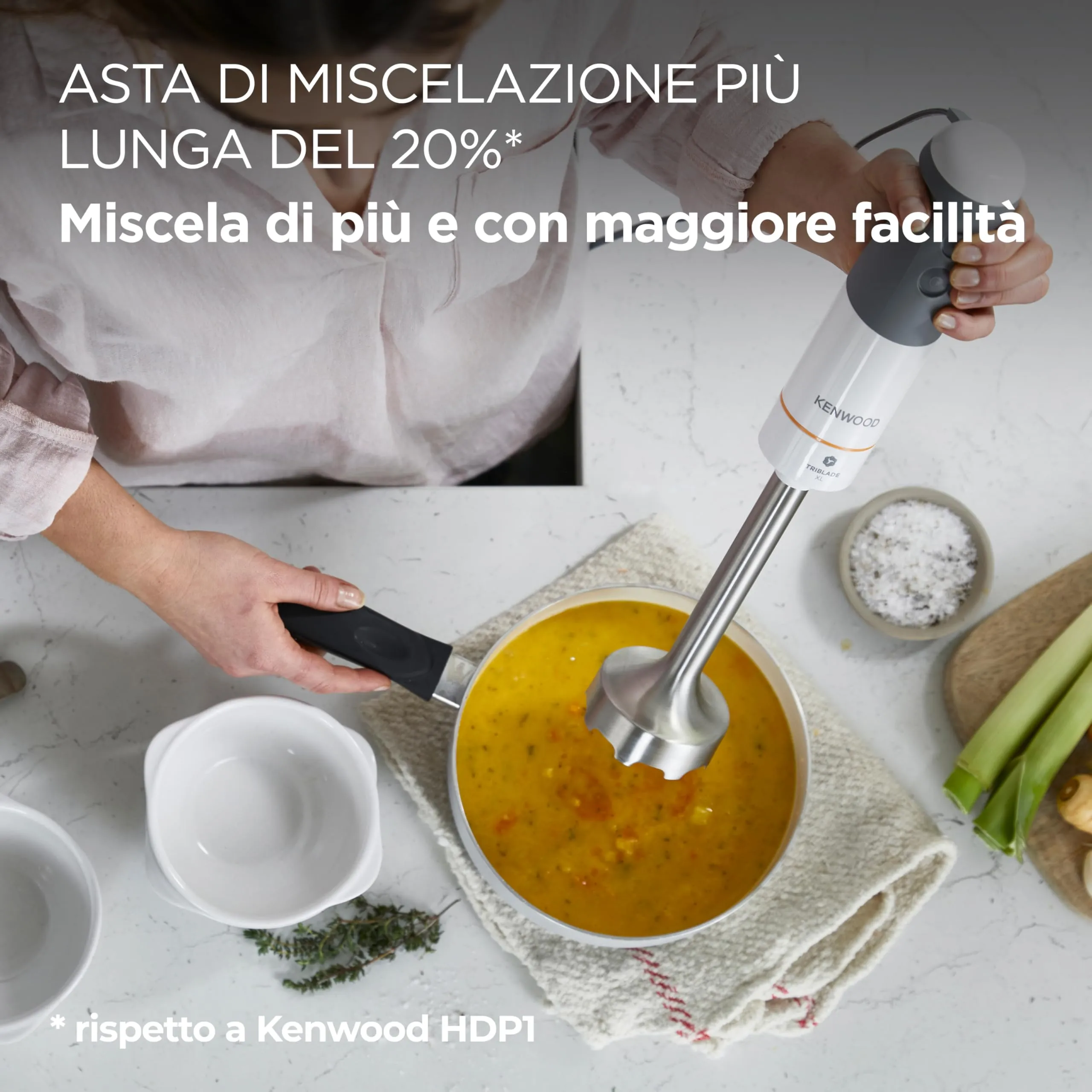 Kenwood Triblade XL HBM40.002WH Frullatore ad Immersione, Asta XL in Acciaio Removibile, Frusta e Bicchiere Graduato 0,75L, 850W, Bianco - immagine 3