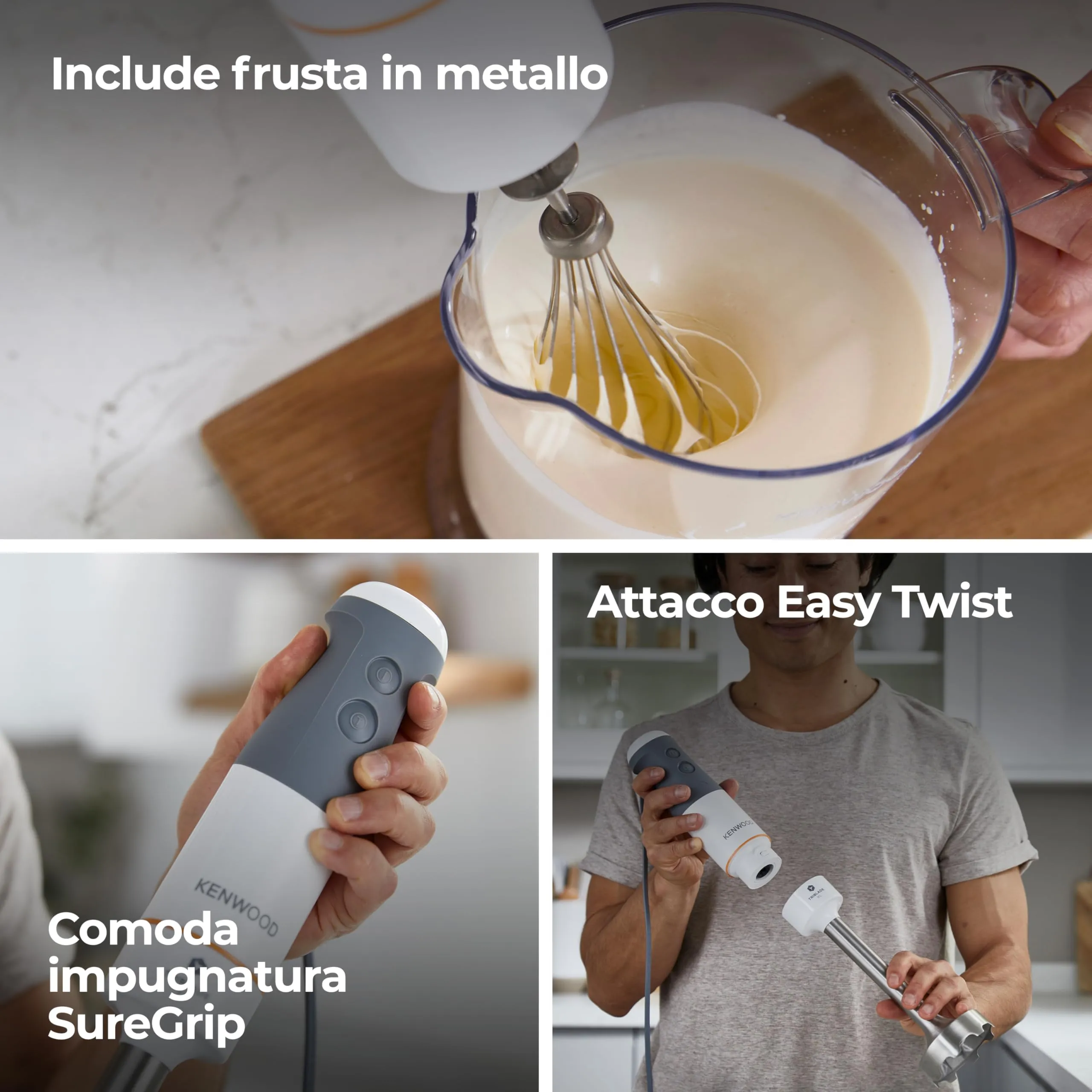 Kenwood Triblade XL HBM40.002WH Frullatore ad Immersione, Asta XL in Acciaio Removibile, Frusta e Bicchiere Graduato 0,75L, 850W, Bianco - immagine 4