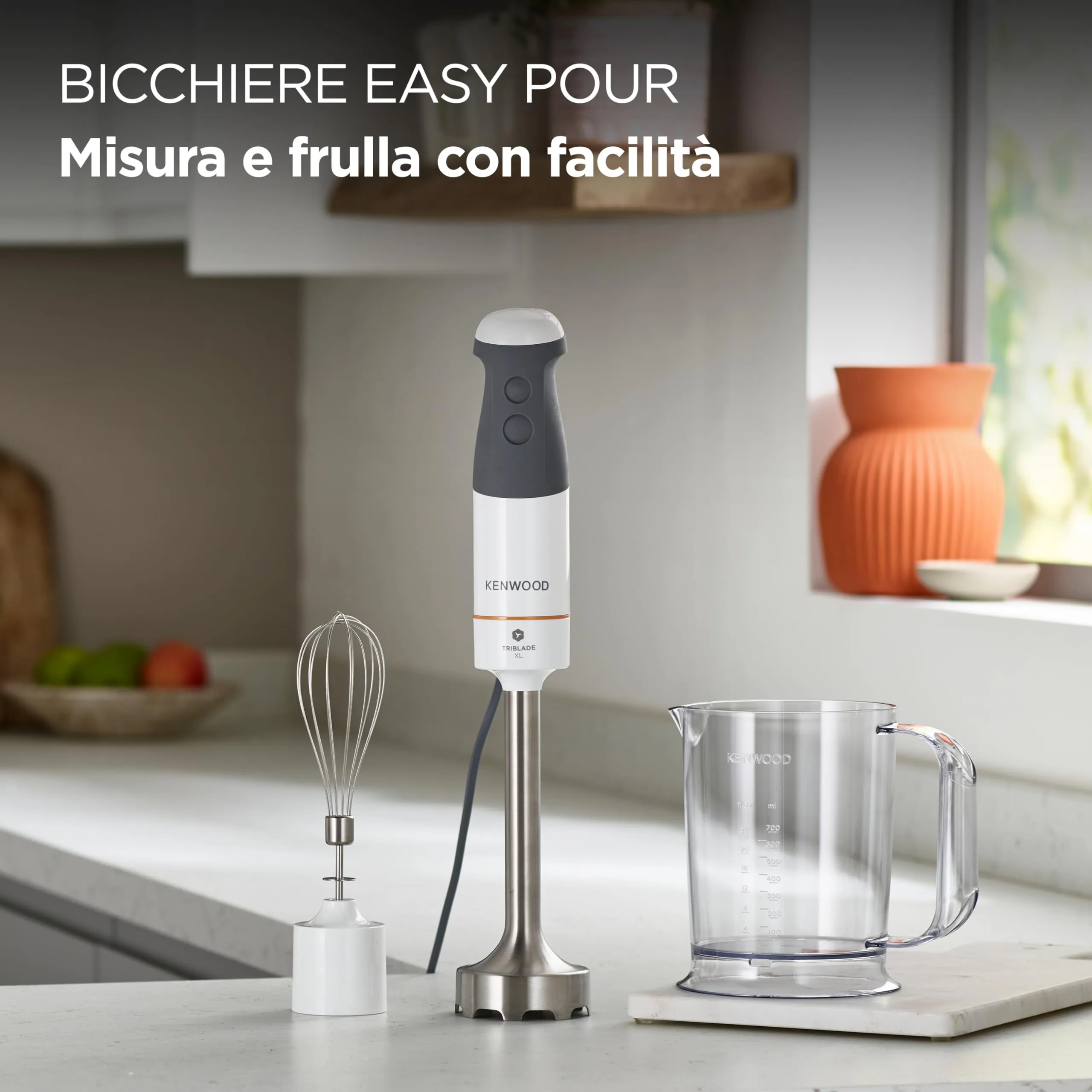 Kenwood Triblade XL HBM40.002WH Frullatore ad Immersione, Asta XL in Acciaio Removibile, Frusta e Bicchiere Graduato 0,75L, 850W, Bianco - immagine 5
