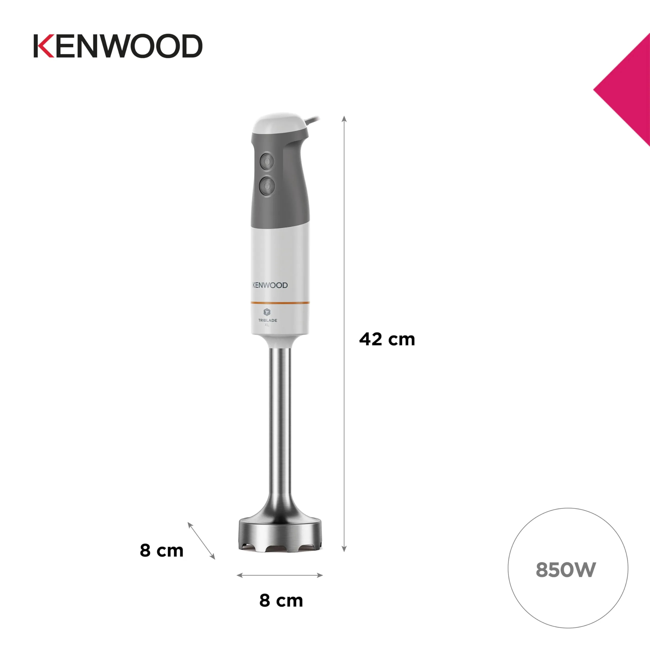 Kenwood Triblade XL HBM40.002WH Frullatore ad Immersione, Asta XL in Acciaio Removibile, Frusta e Bicchiere Graduato 0,75L, 850W, Bianco - immagine 6
