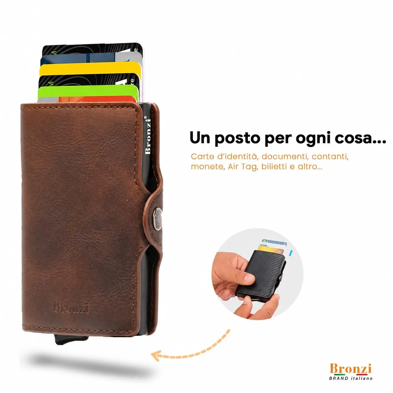 Bronzi Portafoglio Porta Carte di Credito Slim con Protezione RFID, Pelle, Marrone - immagine 2