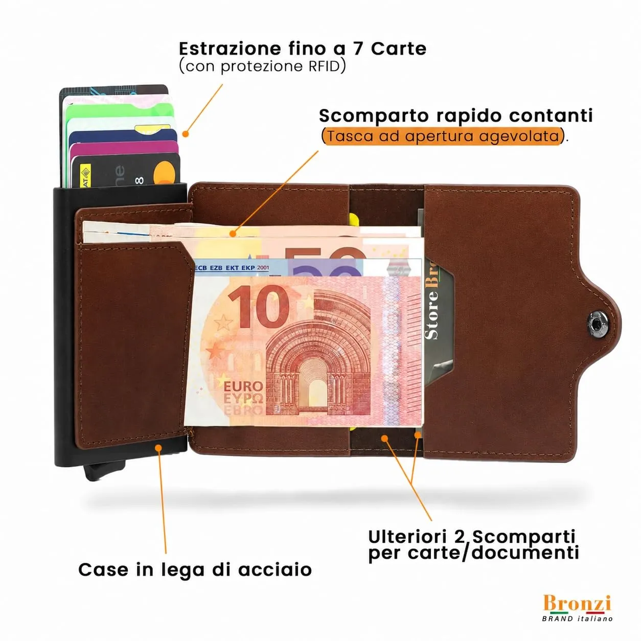 Bronzi Portafoglio Porta Carte di Credito Slim con Protezione RFID, Pelle, Marrone - immagine 3