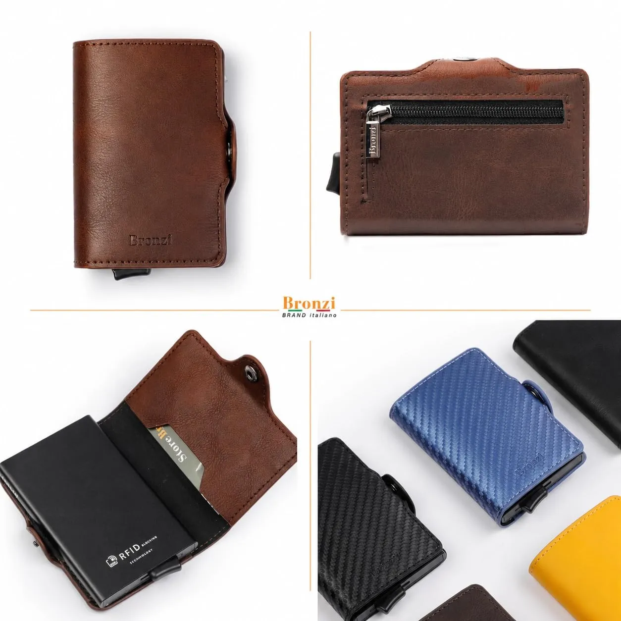Bronzi Portafoglio Porta Carte di Credito Slim con Protezione RFID, Pelle, Marrone - immagine 4