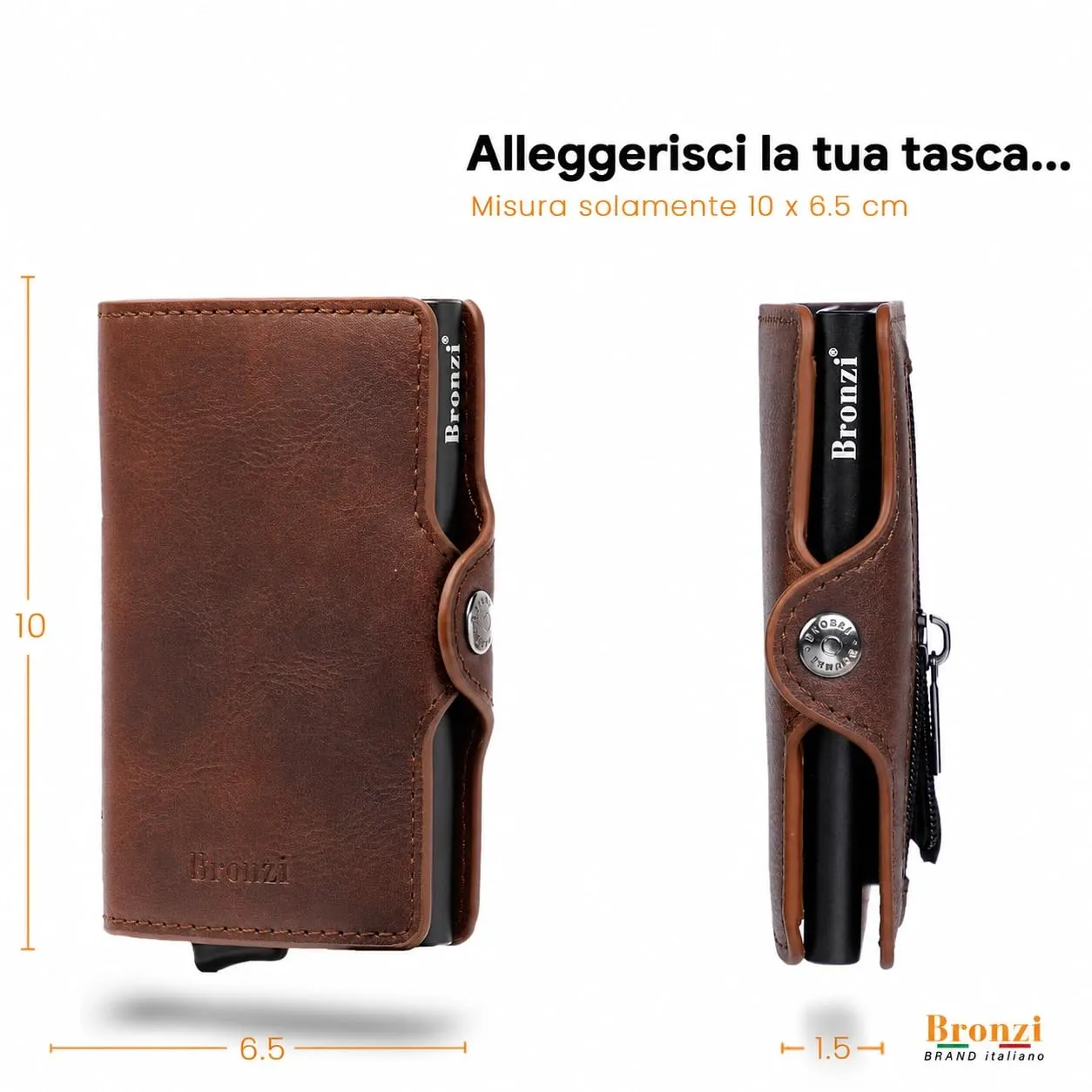 Bronzi Portafoglio Porta Carte di Credito Slim con Protezione RFID, Pelle, Marrone - immagine 5