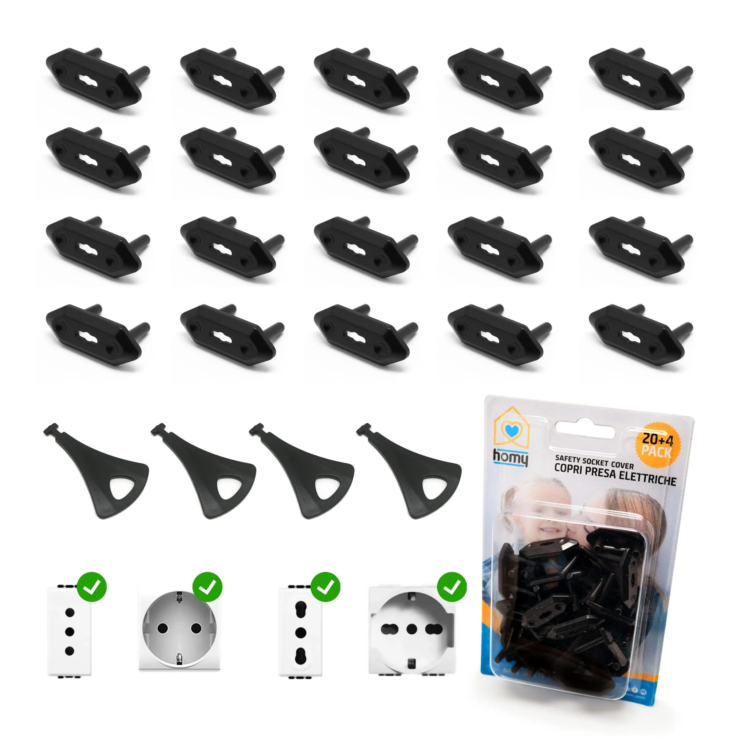 Homy Kit 20 Copriprese di Sicurezza per Bambini, Italiane Universali e Schuko (Nero) - immagine 1