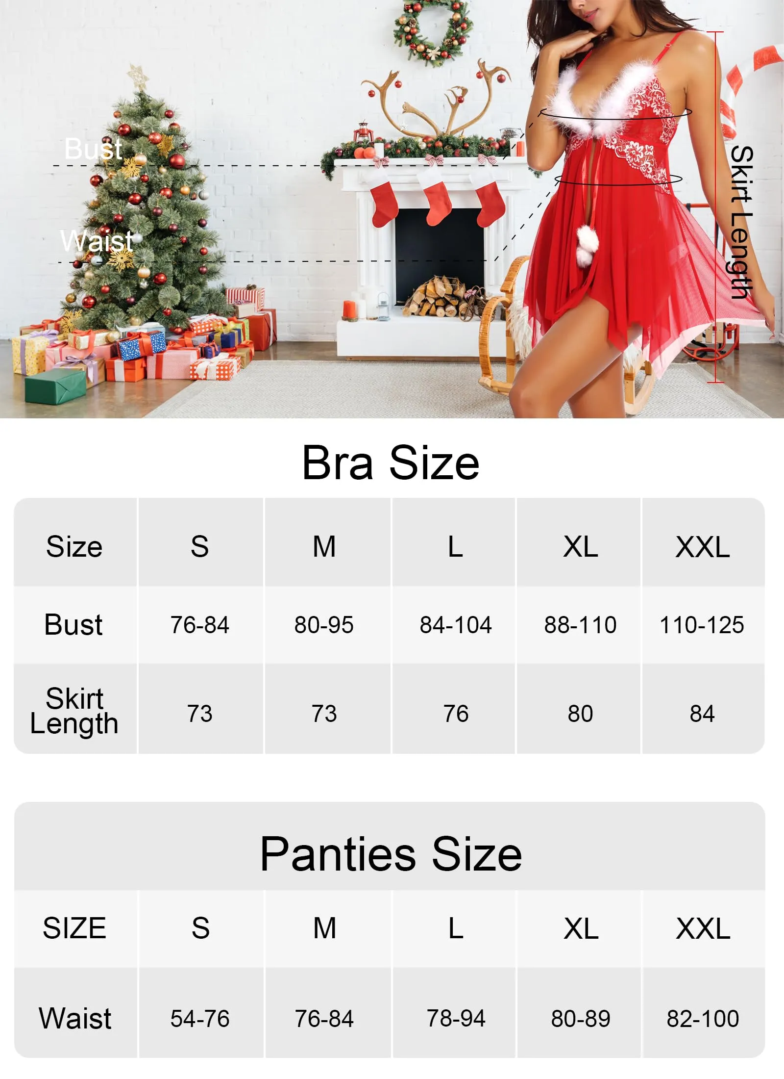 ONGASOFT Set Lingerie Babydoll con Chiusura Frontale e Perizoma, Pizzo, Rosso Natalizio, M - immagine 4