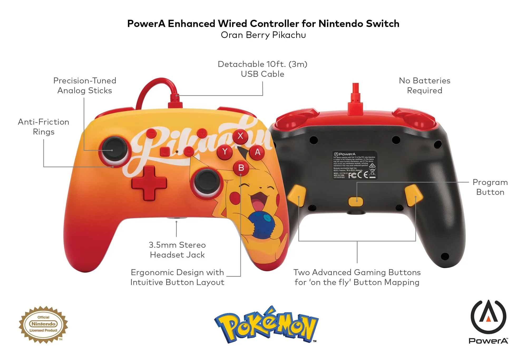 PowerA Controller Cablato Avanzato per Nintendo Switch - Oran Berry Pikachu - immagine 2