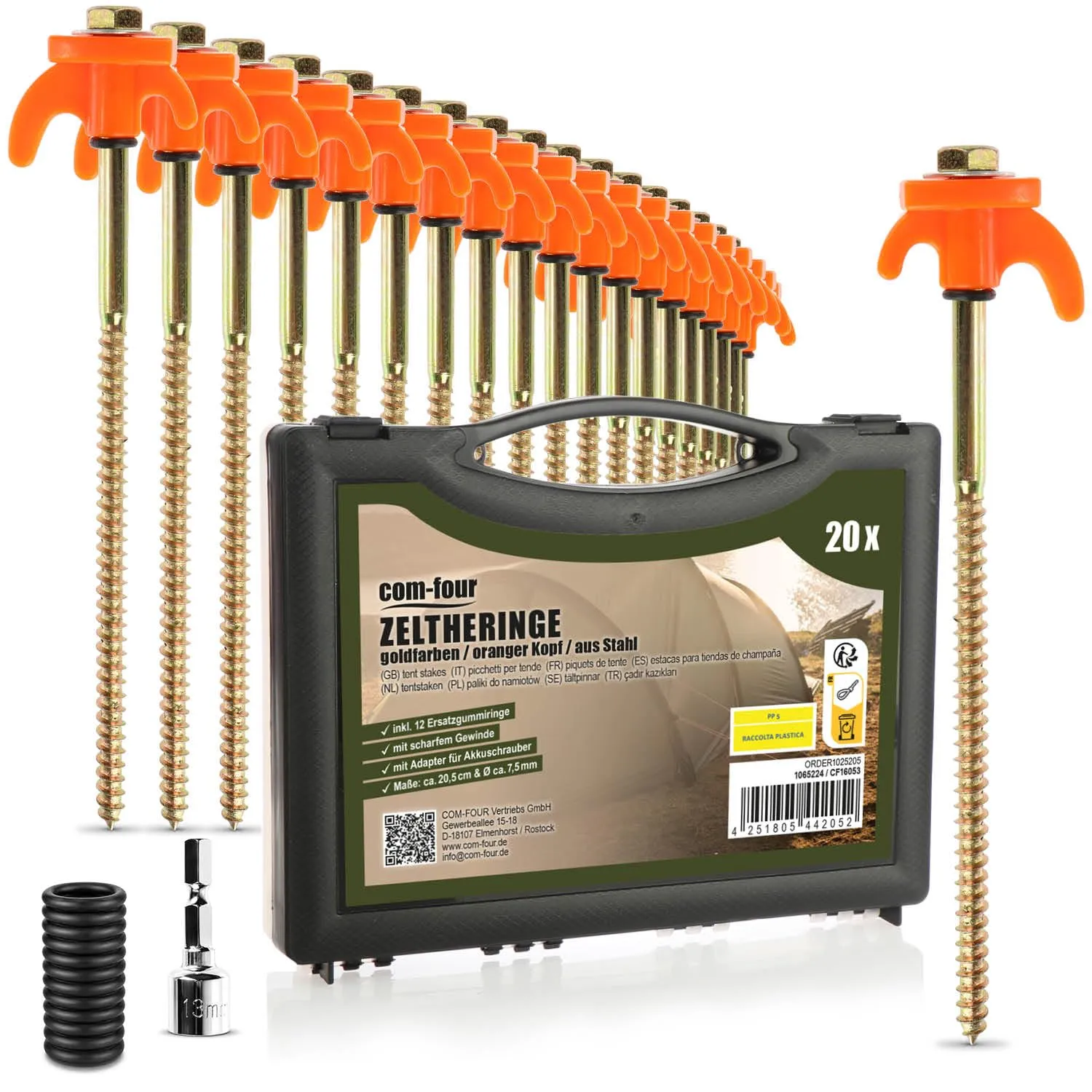 com-four Picchetti per tenda in acciaio, 20 pezzi, 205x7mm - immagine 1