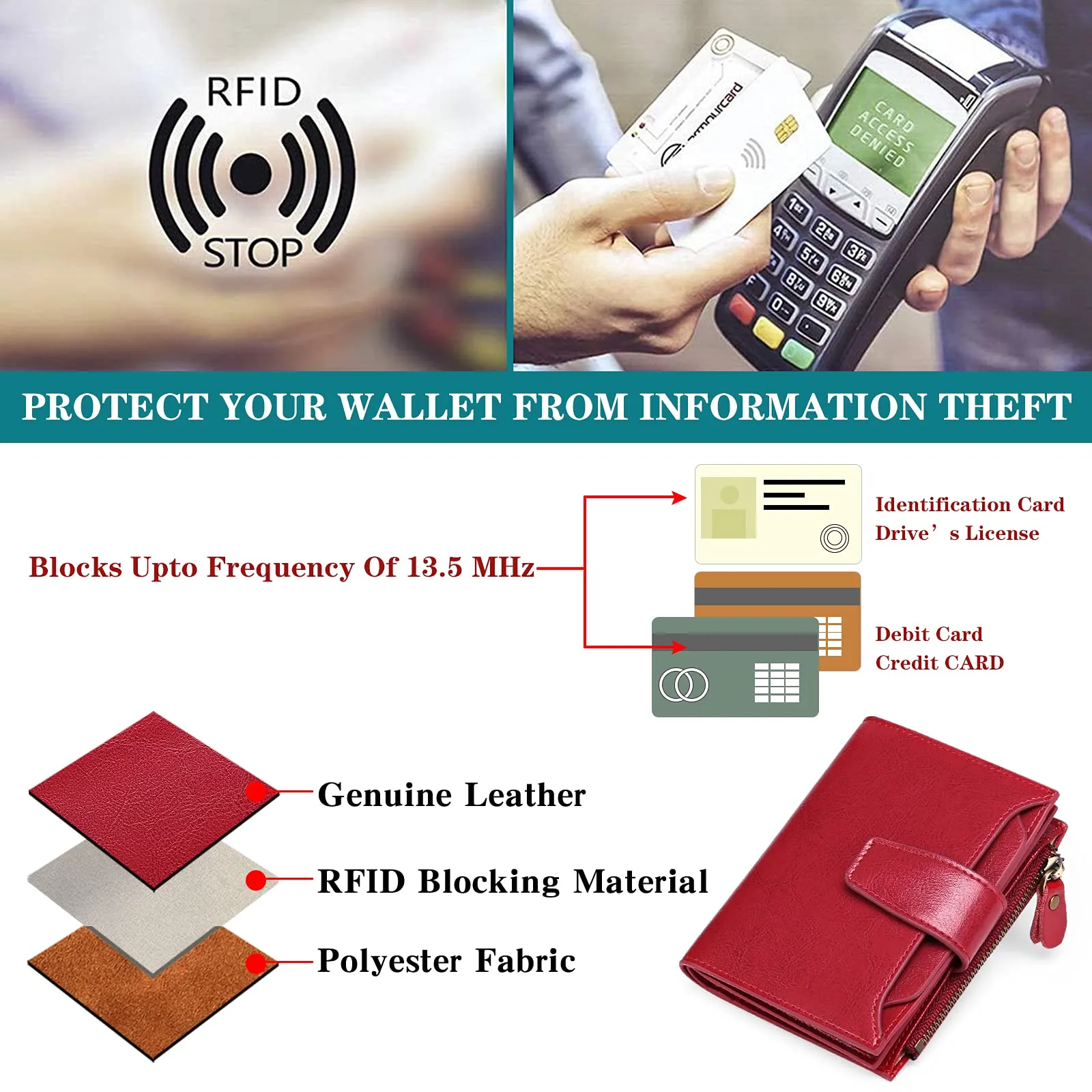 SENDEFN Portafoglio Donna in Pelle Vera con Blocco RFID, 14 Slot per Carte e Portamonete con Cerniera - immagine 8
