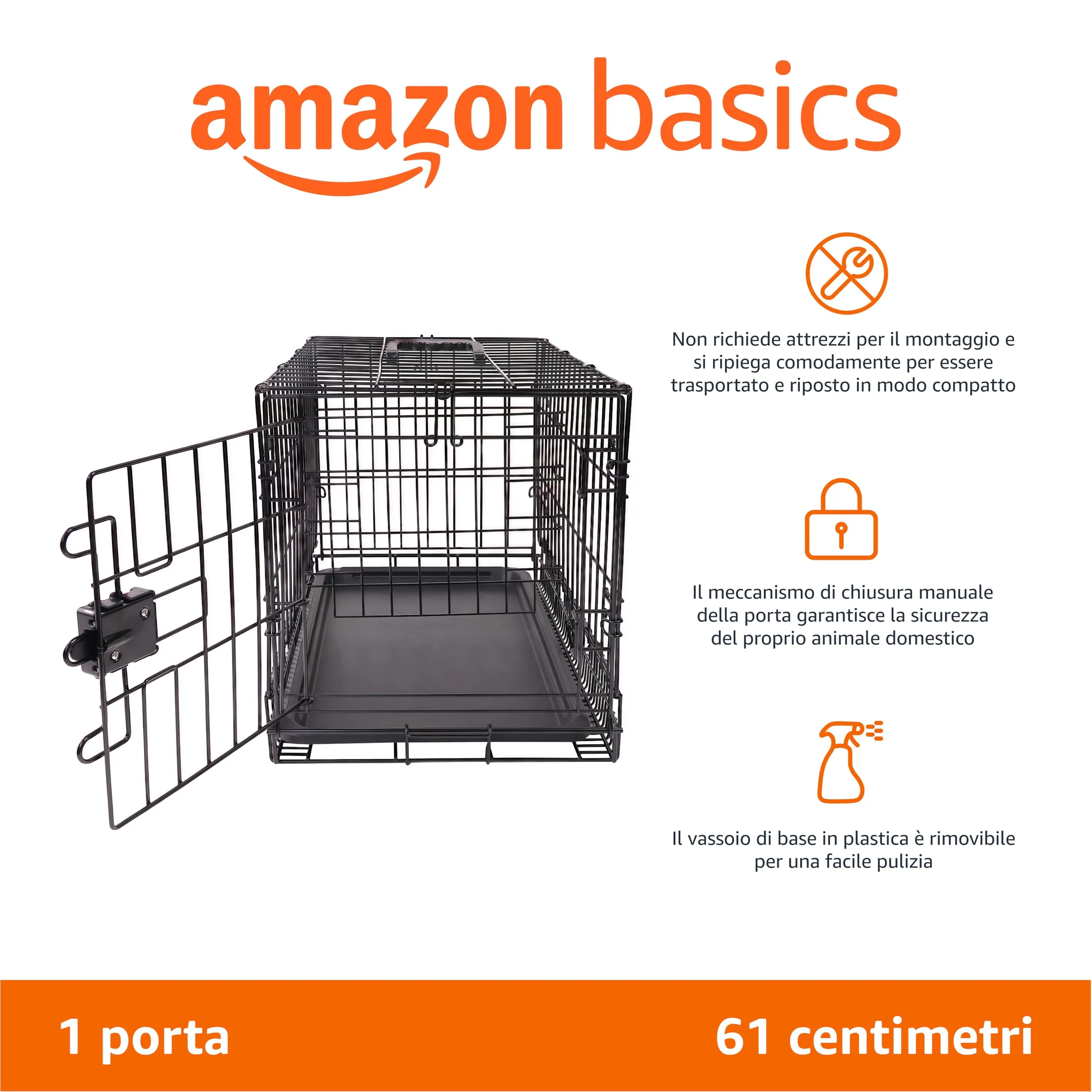 Amazon Basics Gabbia per cani in metallo pieghevole con vassoio rimovibile, Nero, 61 x 46 x 51 cm - immagine 2