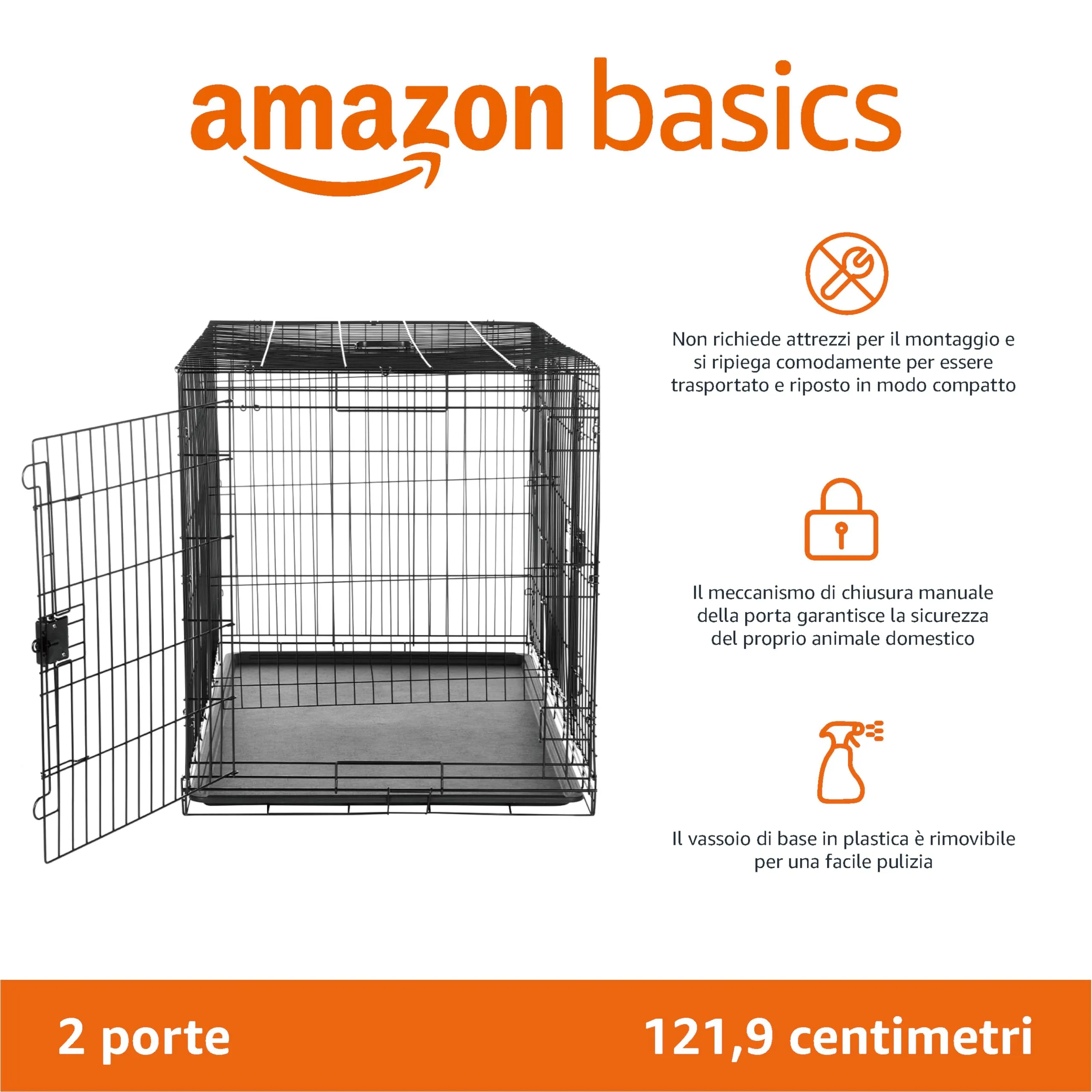 Amazon Basics Gabbia per cani in metallo pieghevole con vassoio rimovibile e doppio sportello, Nero, 122 x 76.2 x 82.5 cm - immagine 2