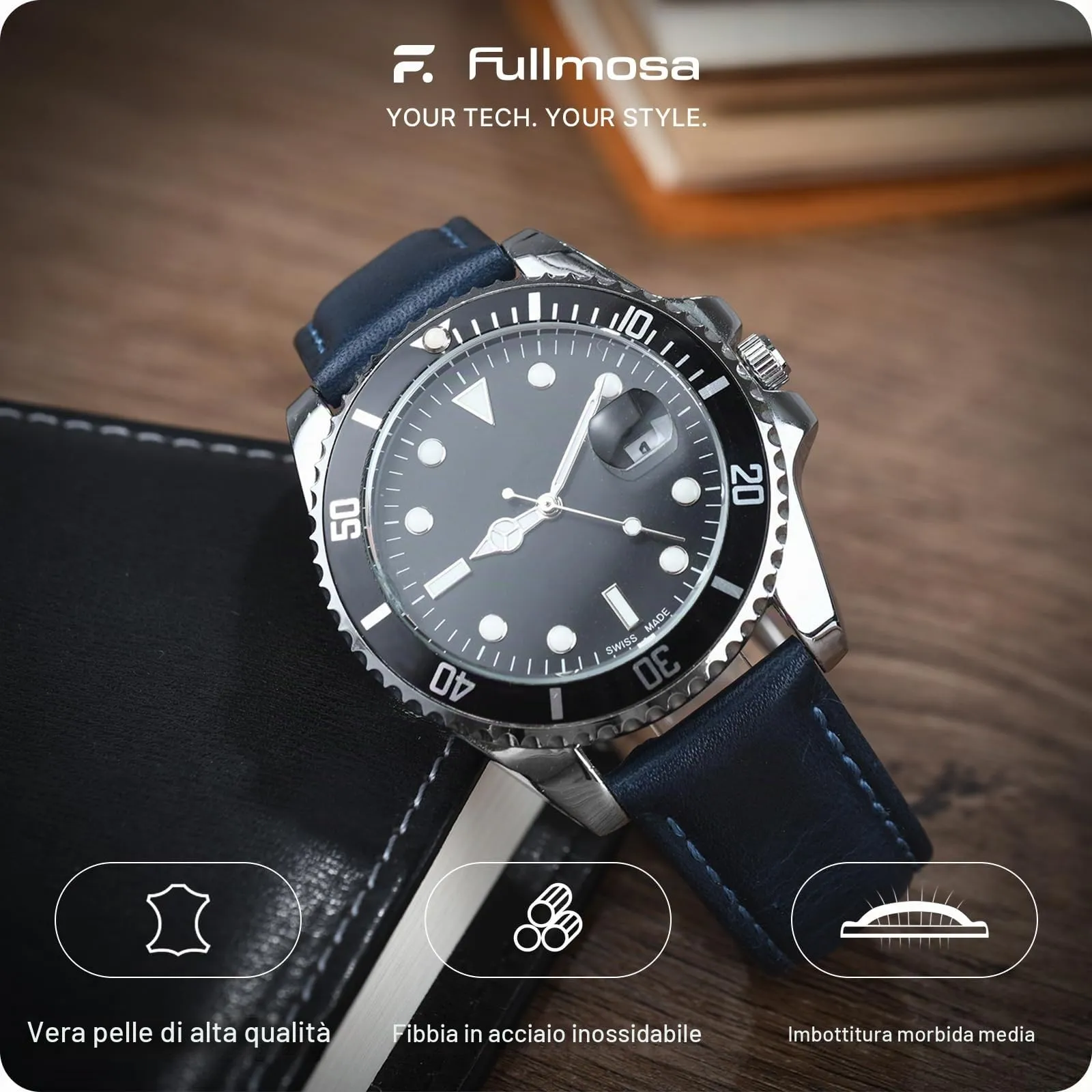 Fullmosa Cinturino Orologio 22mm in Vera Pelle a Sgancio Rapido, Blu - immagine 2