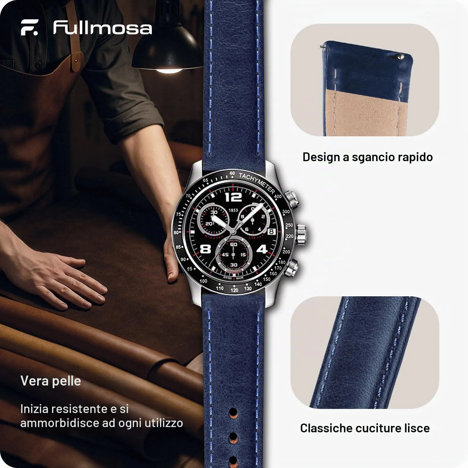 Fullmosa Cinturino Orologio 22mm in Vera Pelle a Sgancio Rapido, Blu - immagine 4