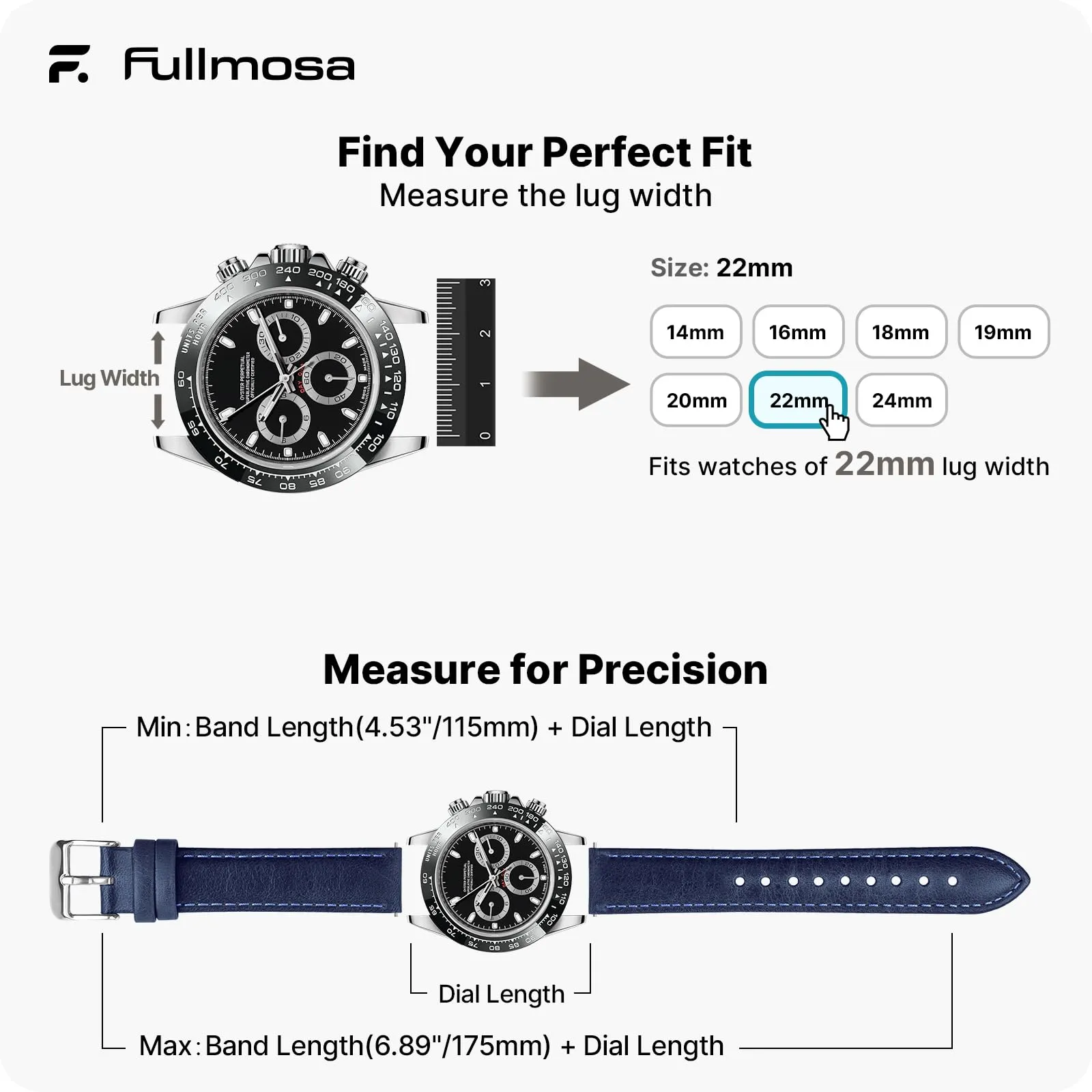Fullmosa Cinturino Orologio 22mm in Vera Pelle a Sgancio Rapido, Blu - immagine 5