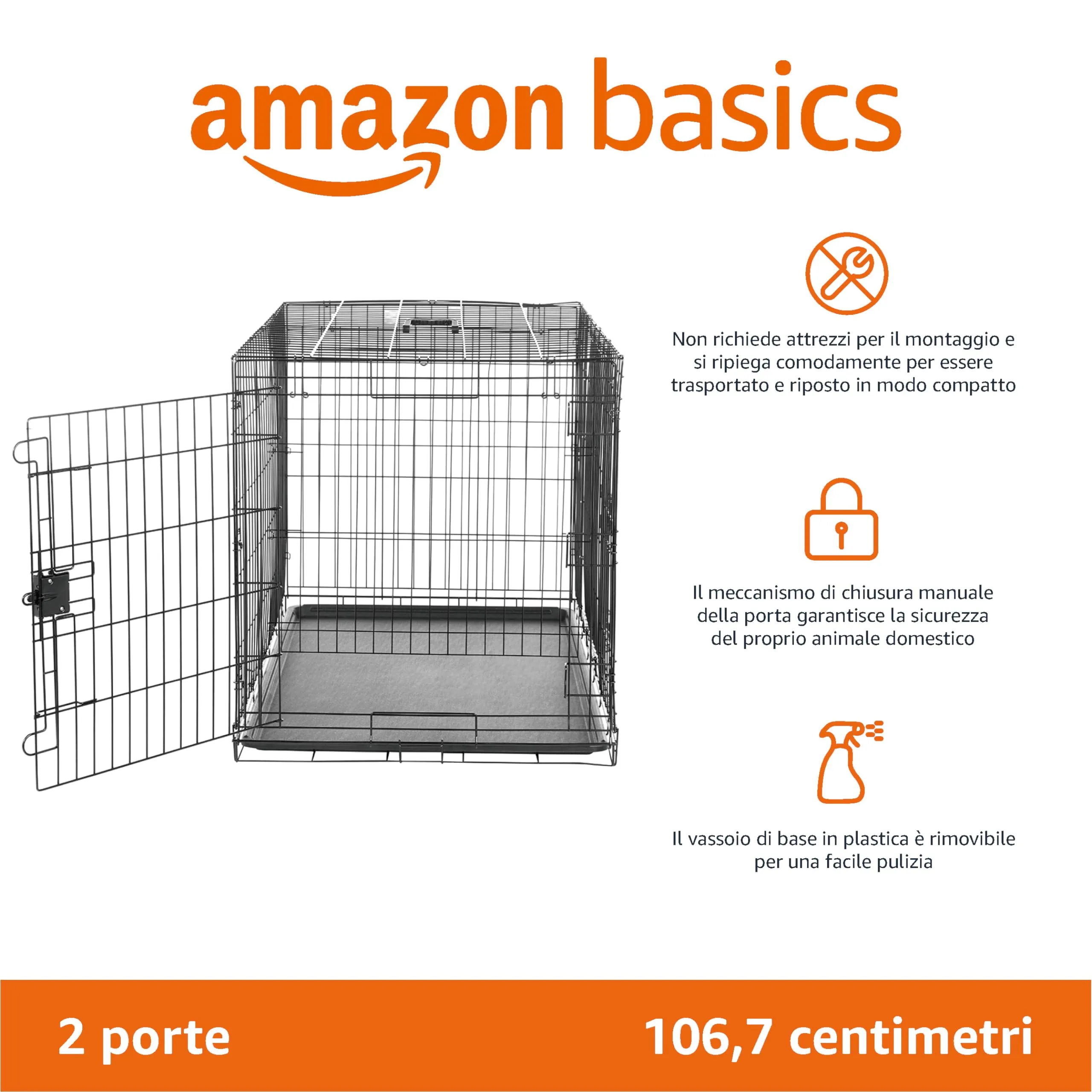 Amazon Basics Gabbia per cani in metallo pieghevole con vassoio rimovibile e doppio sportello, Nero, 106.7 x 71.1 x 76.2 cm - immagine 2
