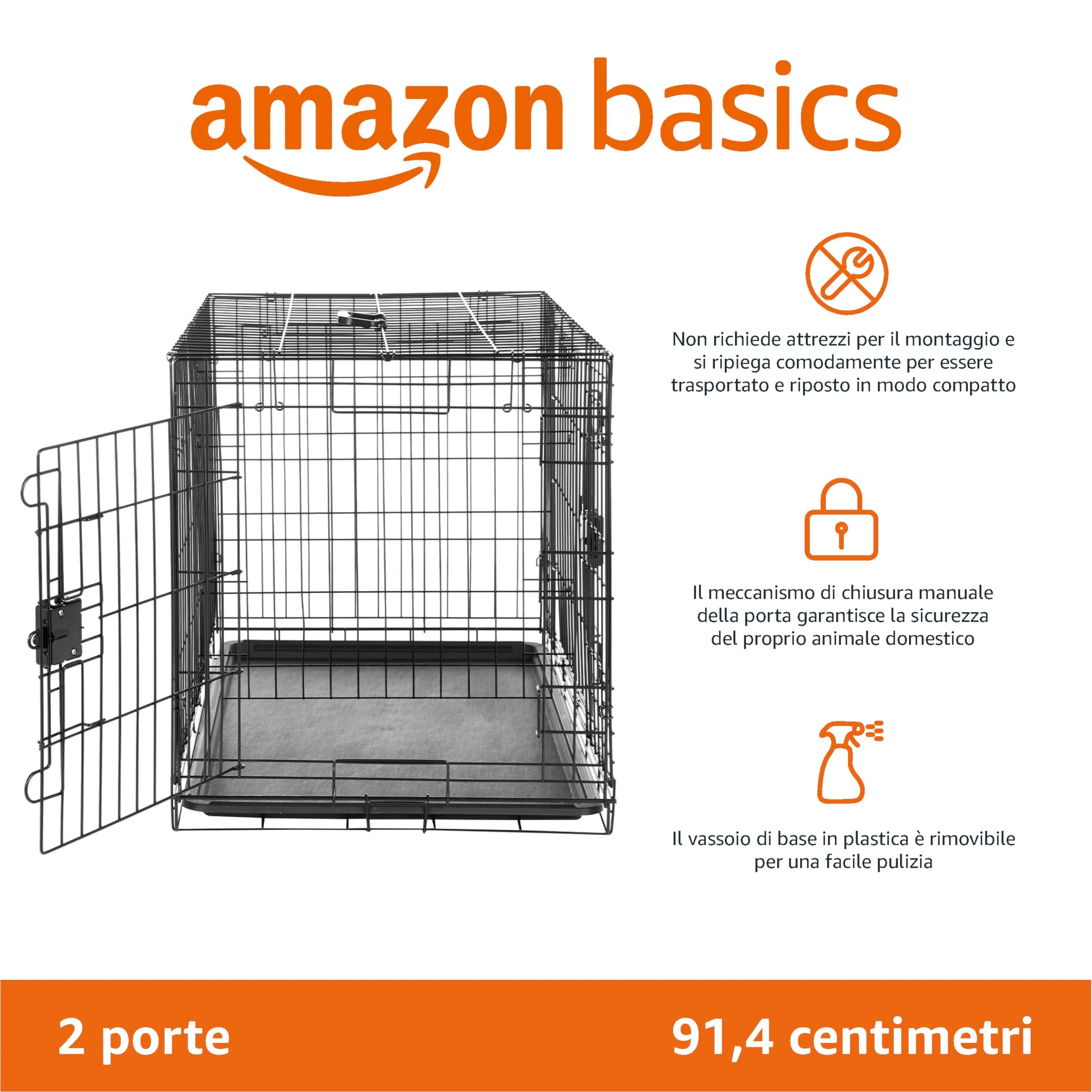 Amazon Basics Gabbia per Cani in Metallo Pieghevole con Vassoio Rimovibile e Doppio Sportello, Nero, 91 x 58 x 64 cm - immagine 2