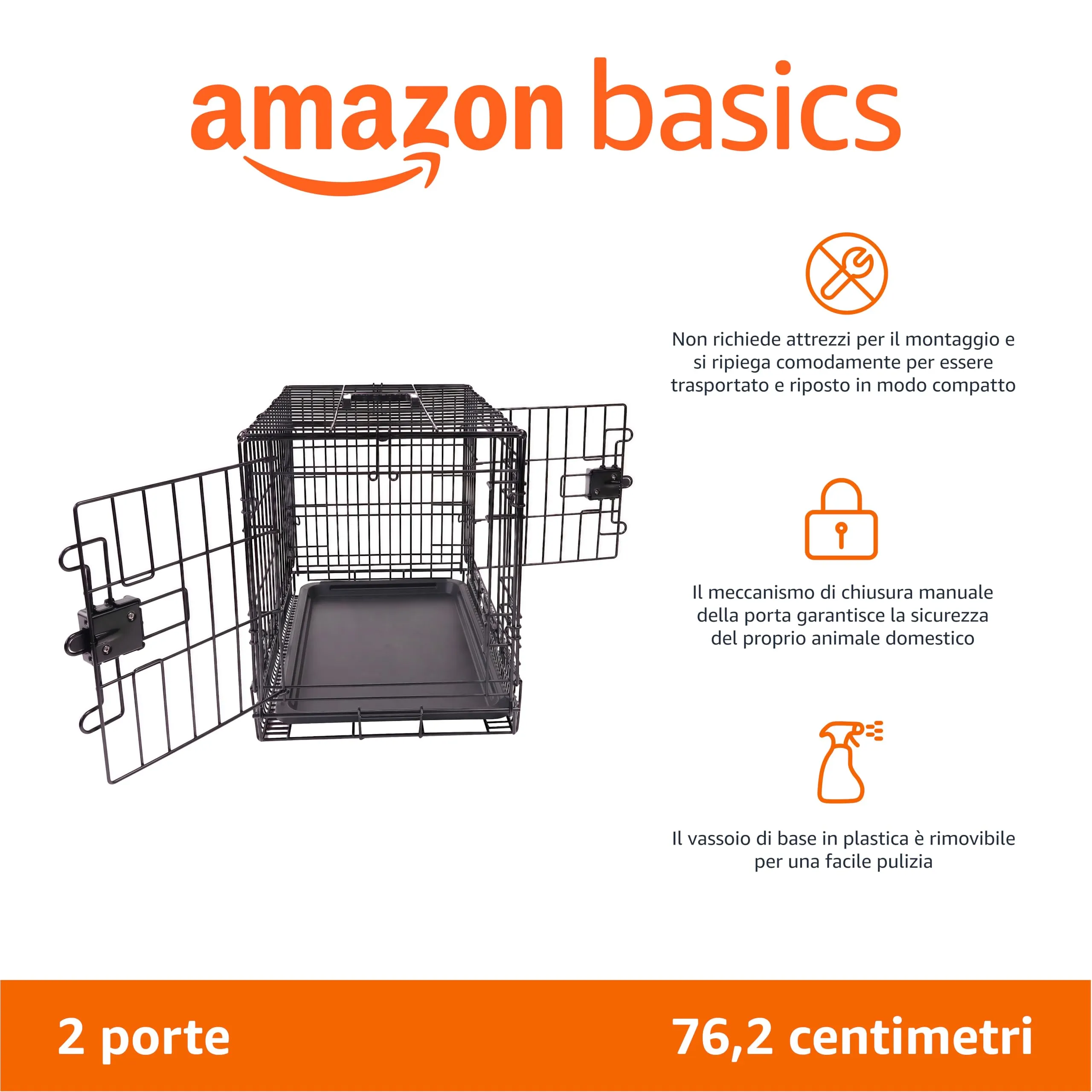 Amazon Basics Gabbia per cani in metallo pieghevole con vassoio rimovibile e doppio sportello, Nero, 80x50x11 cm - immagine 2