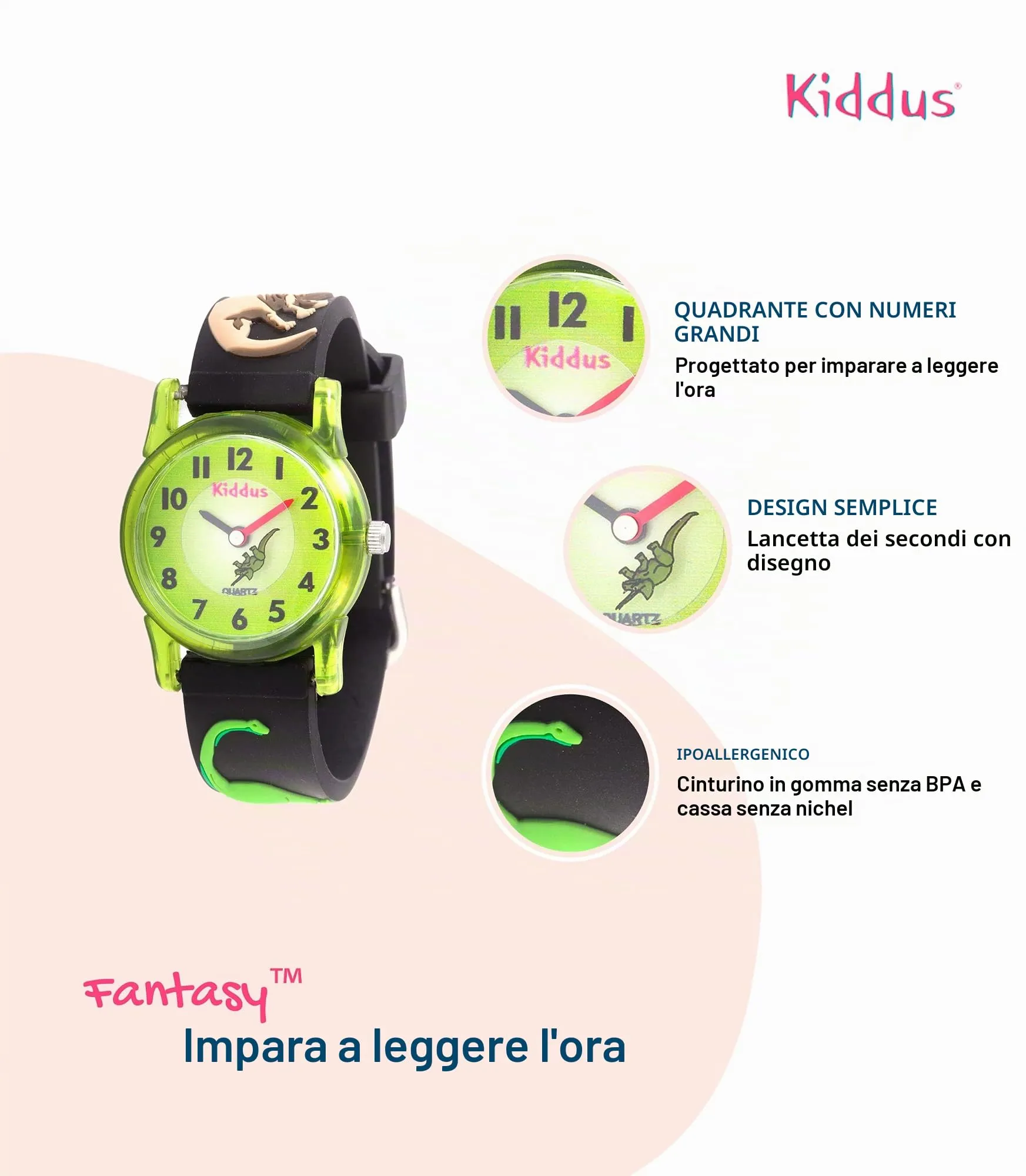 Kiddus Orologio Analogico Didattico per Bambini 5-10 Anni, Dino - immagine 6