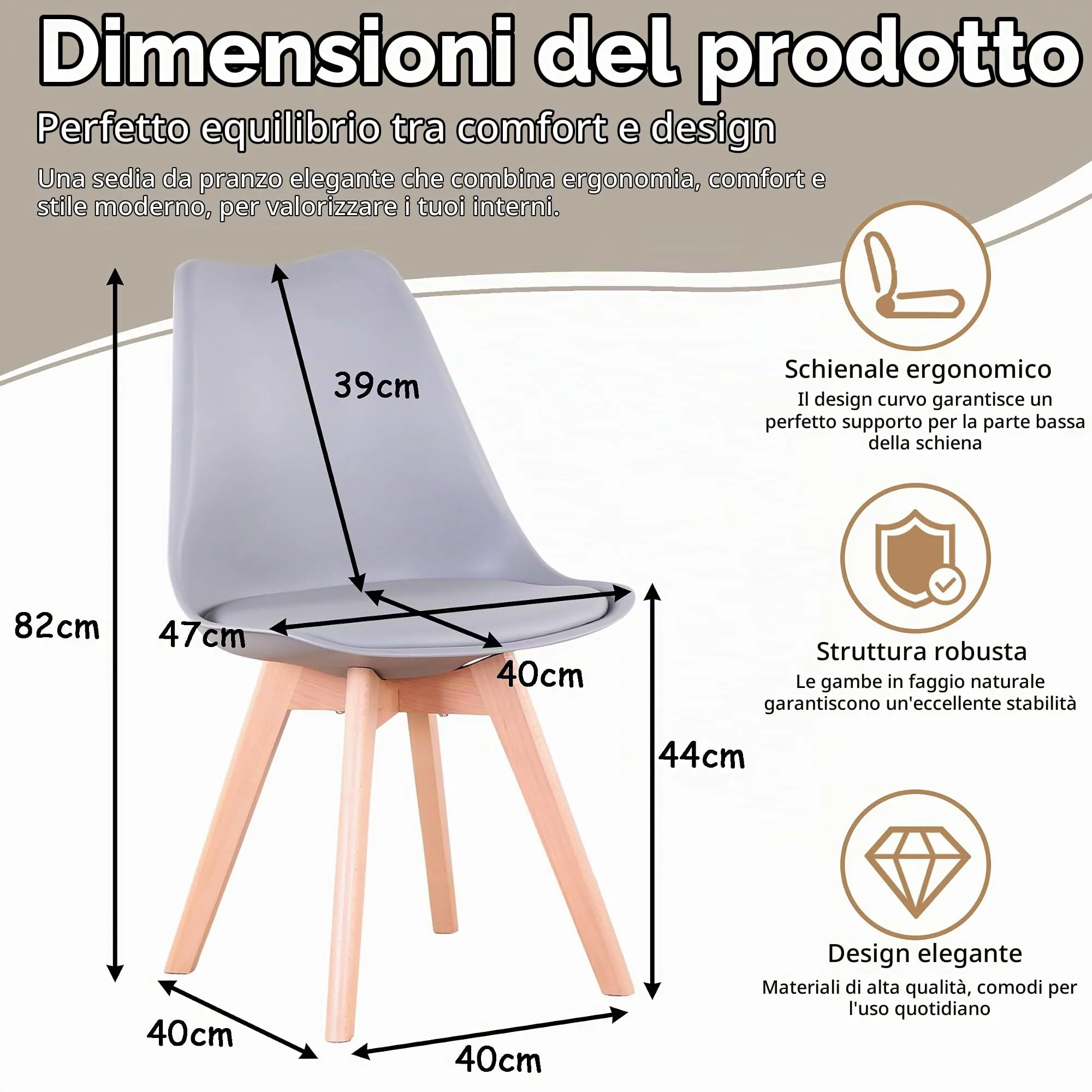 GrandCA HOME Set di 8 Sedie Imbottite con Gambe in Legno Massello di Faggio, Grigio - immagine 5