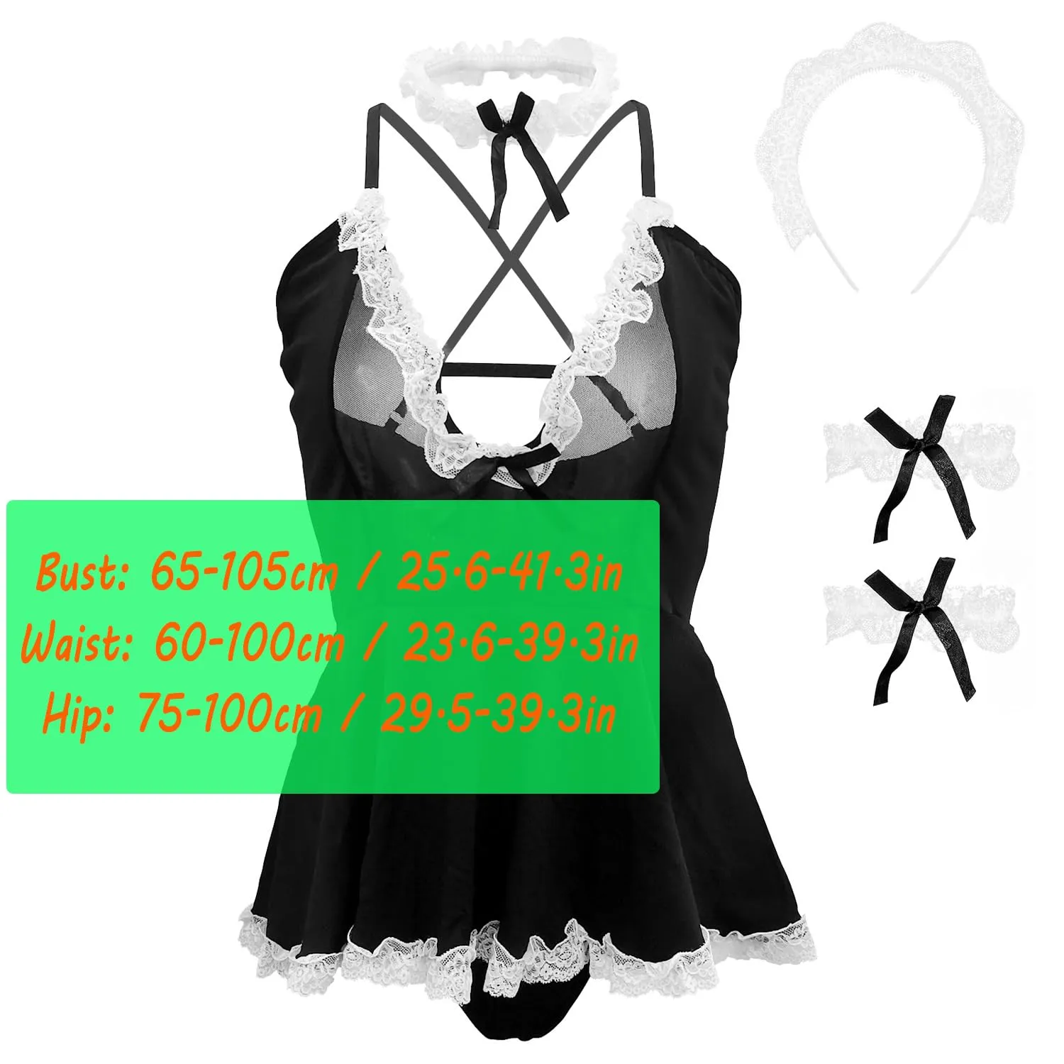 HOTSO French Maid Cosplay Lingerie Set - Lace Bodysuit with Neckband and Bracelets - immagine 2