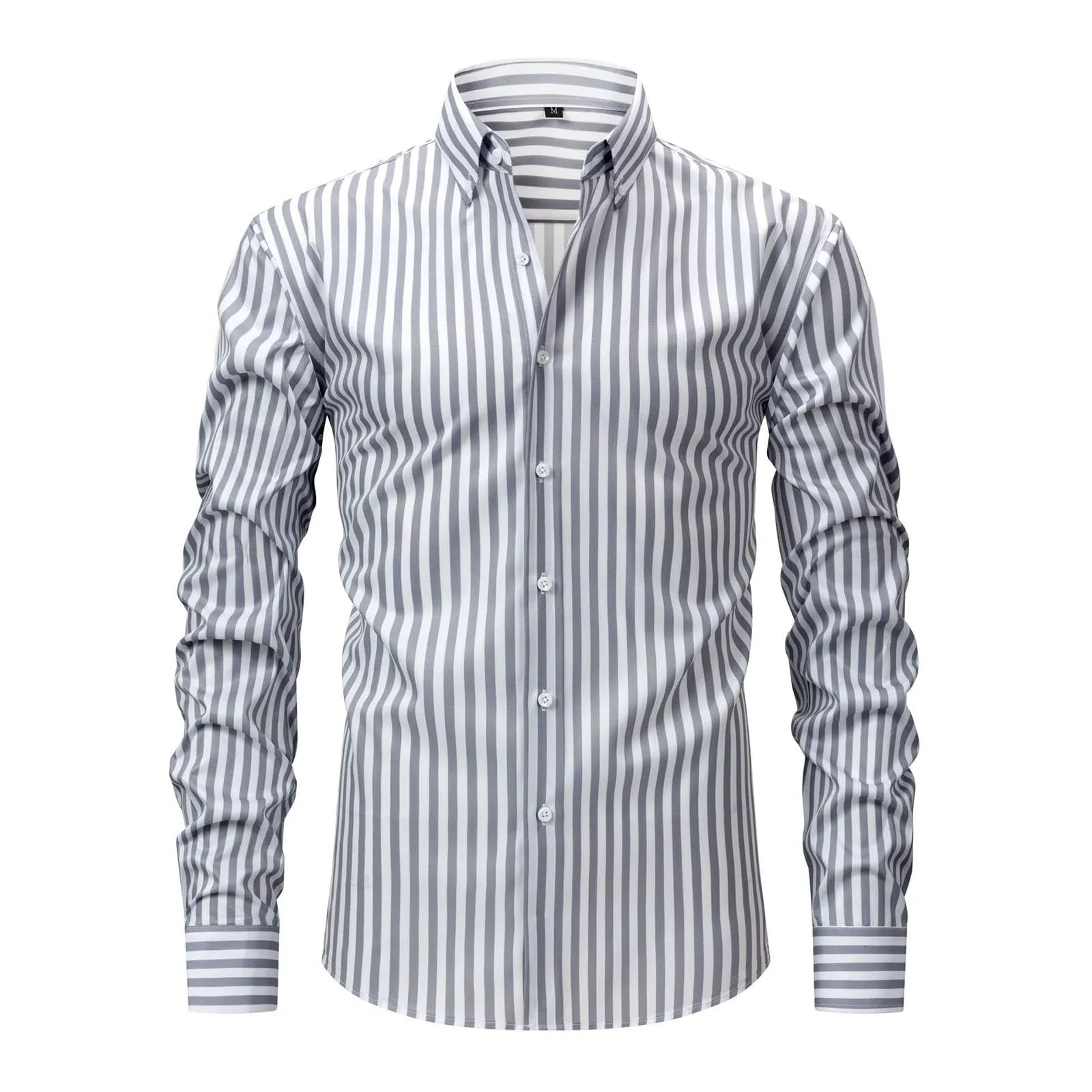 Munweiyu Camicia da lavoro da uomo, scollo rotondo, a righe, grigio chiaro, S - immagine 2
