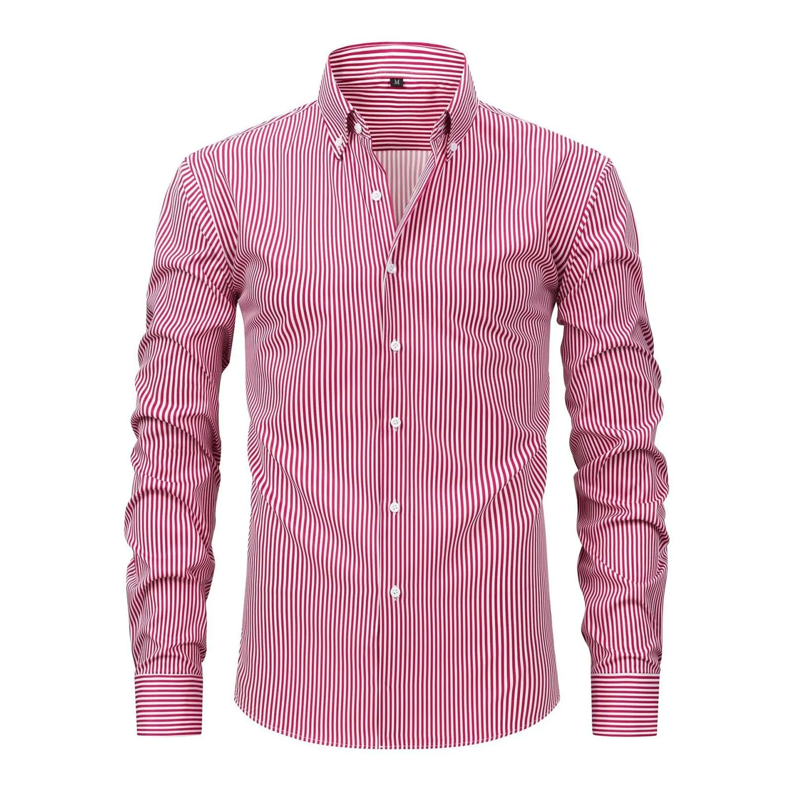 Munweiyu Camicia da Lavoro da Uomo Basic Scollo Rotondo a Righe Verticali Rosa M - immagine 3