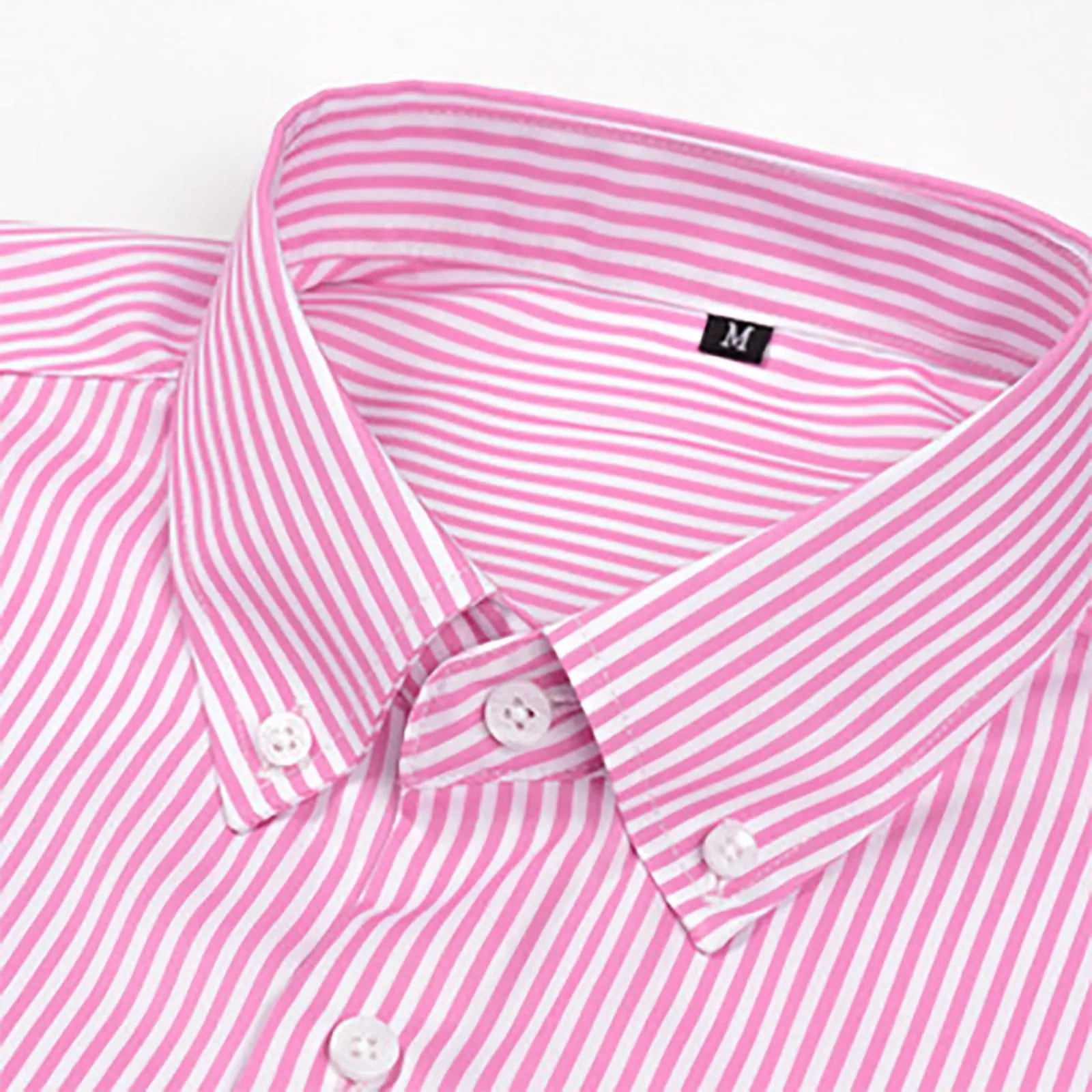 Munweiyu Camicia da Lavoro da Uomo, Scollo Rotondo, Righe Verticali, Rosa Chiaro, L - immagine 5