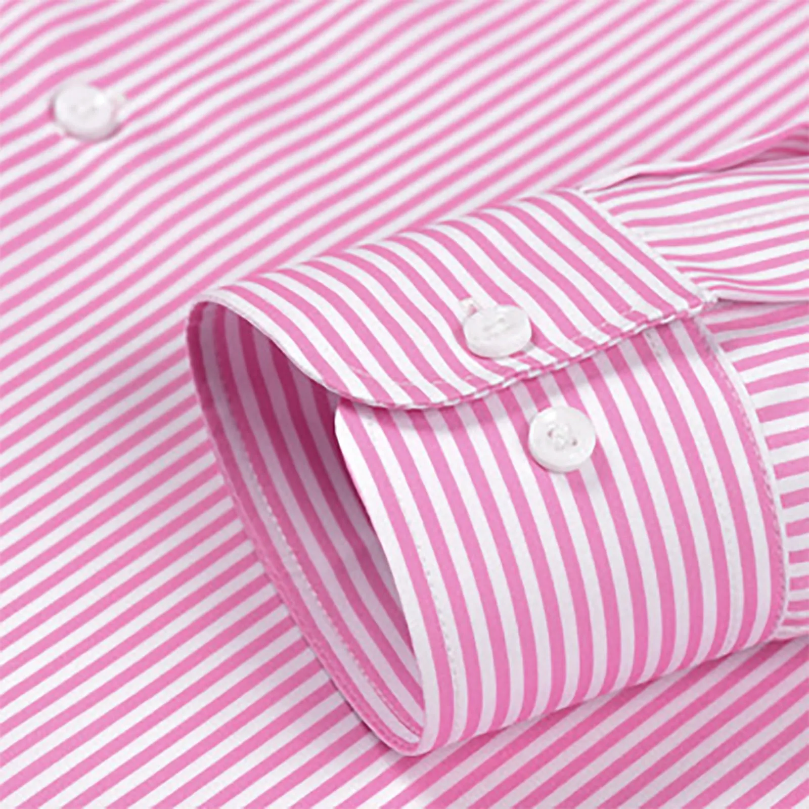 Munweiyu Camicia da Lavoro da Uomo, Scollo Rotondo, Righe Verticali, Rosa Chiaro, L - immagine 7