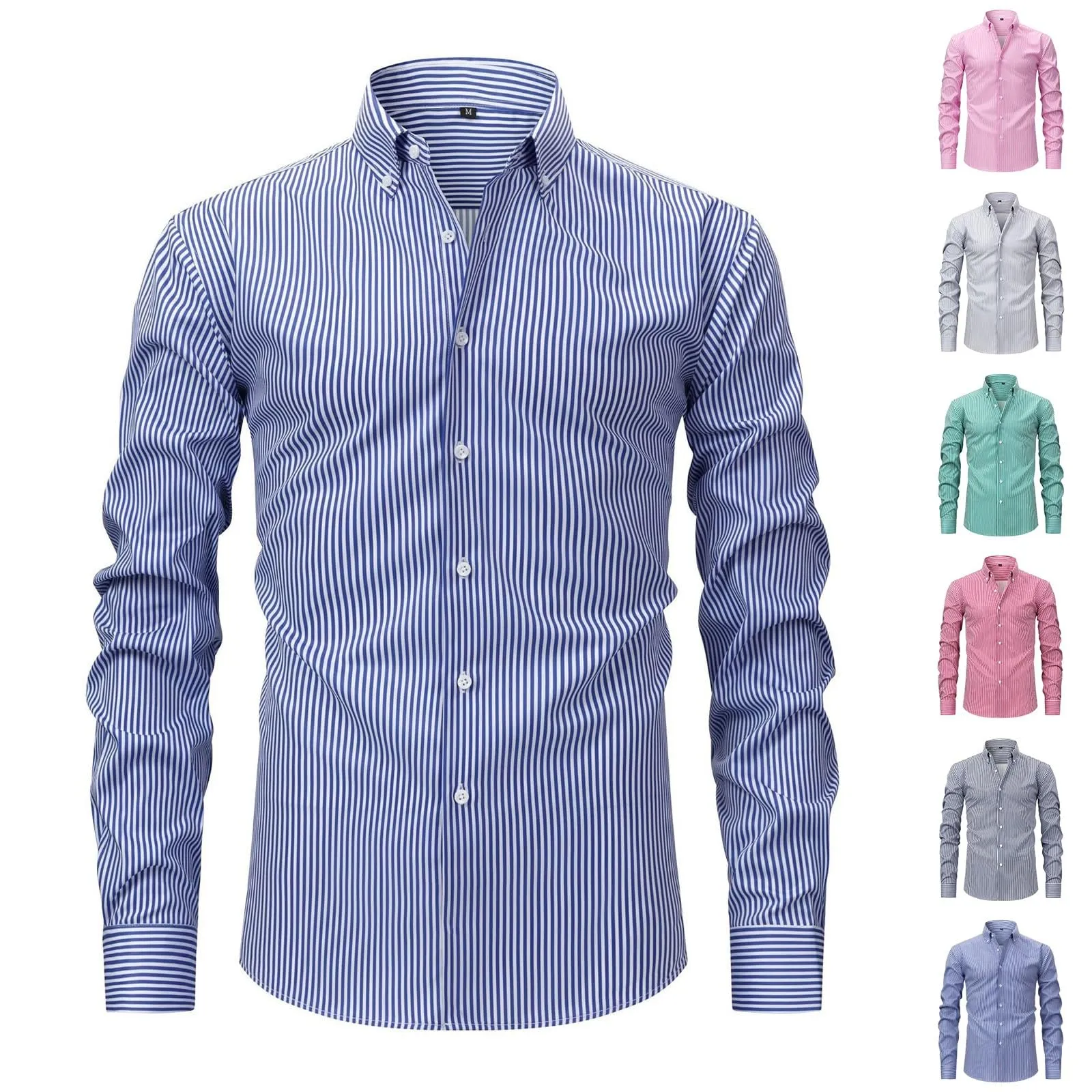 Munweiyu Camicia da lavoro da uomo basic a righe, S1 Blu, 3XL - immagine 2