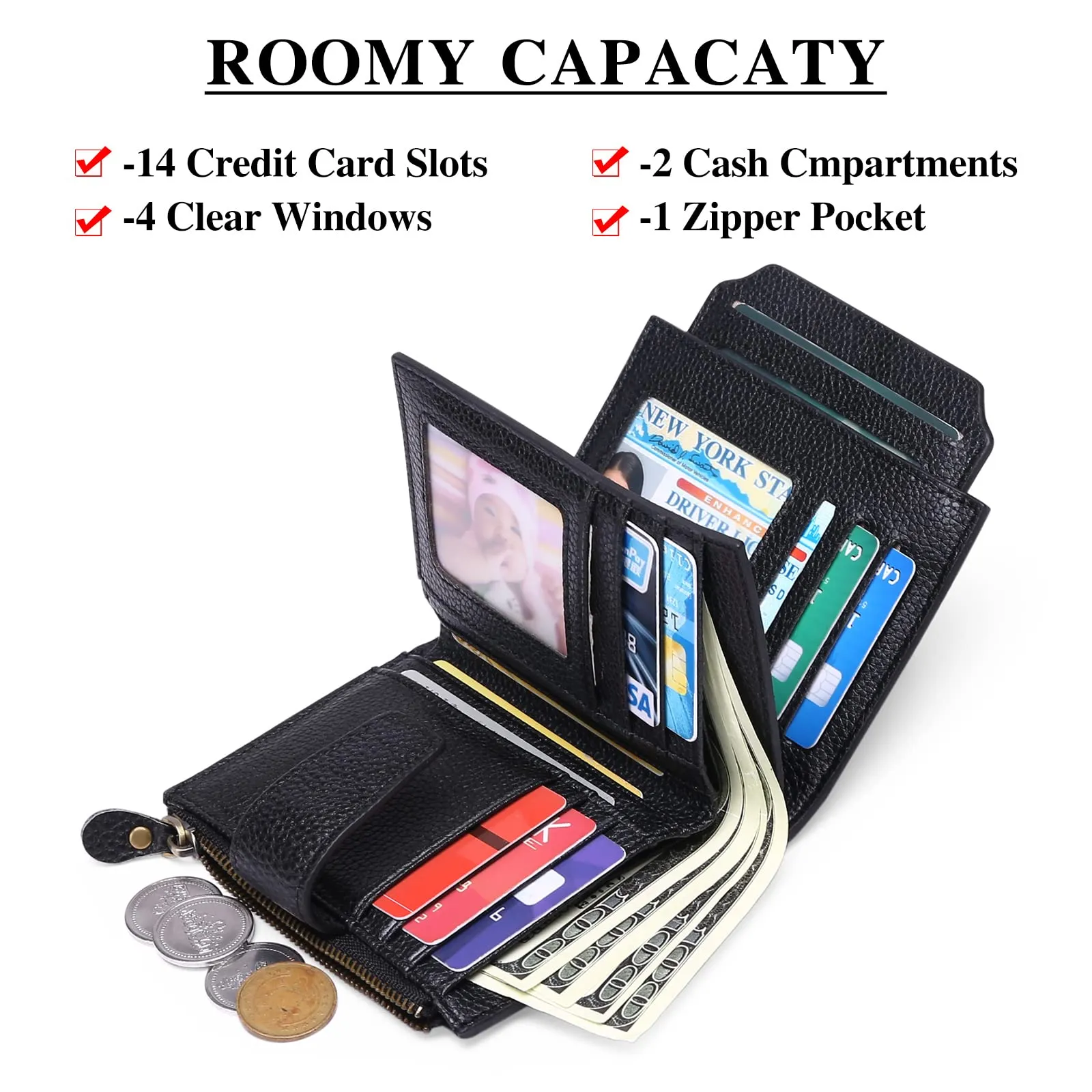 SENDEFN Portafoglio Donna in Pelle Vera con RFID, 14 Slot per Carte e Portamonete con Cerniera - immagine 6