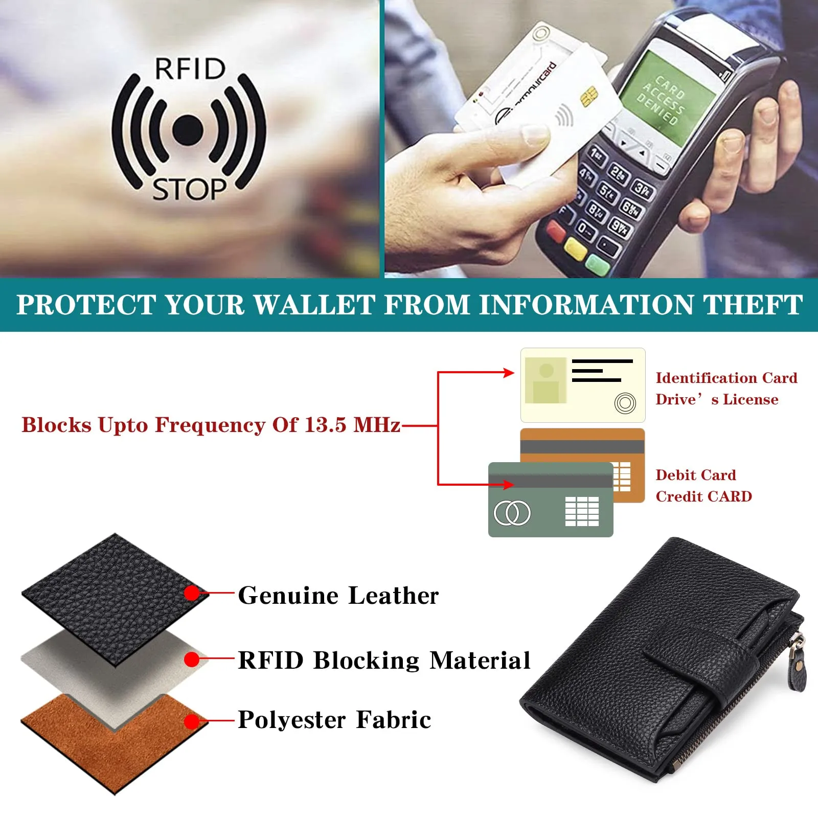 SENDEFN Portafoglio Donna in Pelle Vera con RFID, 14 Slot per Carte e Portamonete con Cerniera - immagine 9