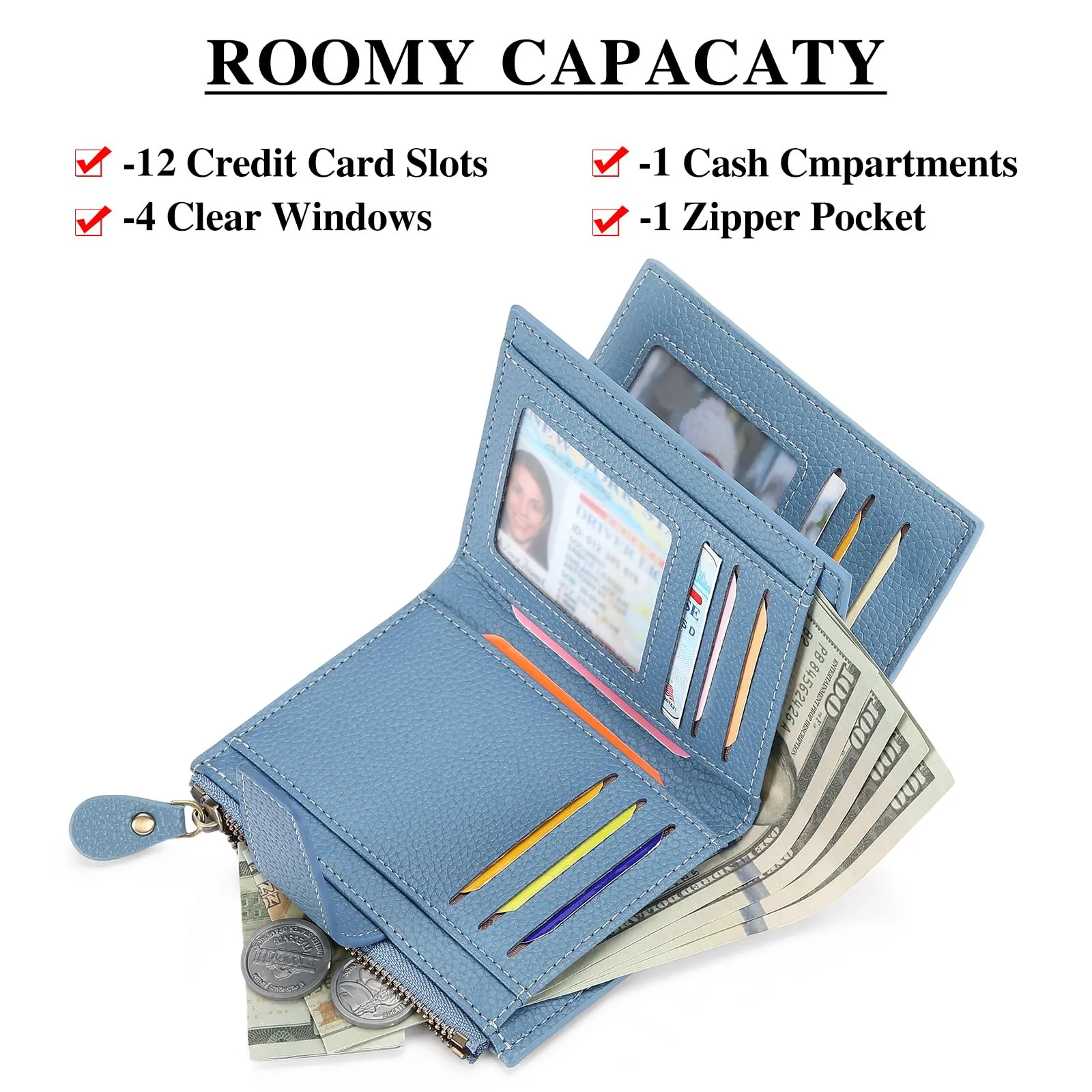 SENDEFN Portafoglio Donna in Pelle con Blocco RFID, 14 Slot per Carte e Portamonete con Cerniera - immagine 6