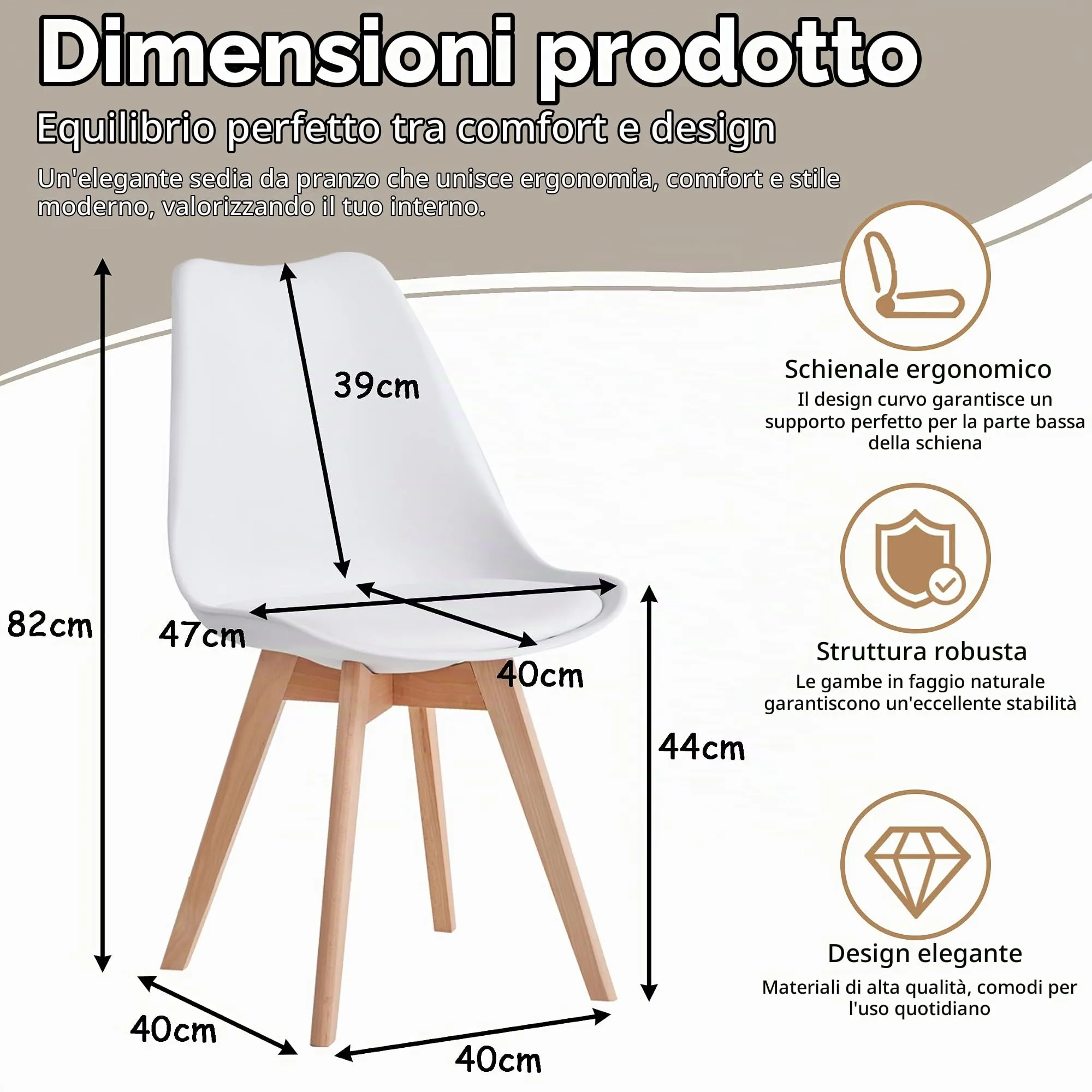 GrandCA HOME Set di 8 Sedie Imbottite con Gambe in Legno di Faggio, Bianco - immagine 2
