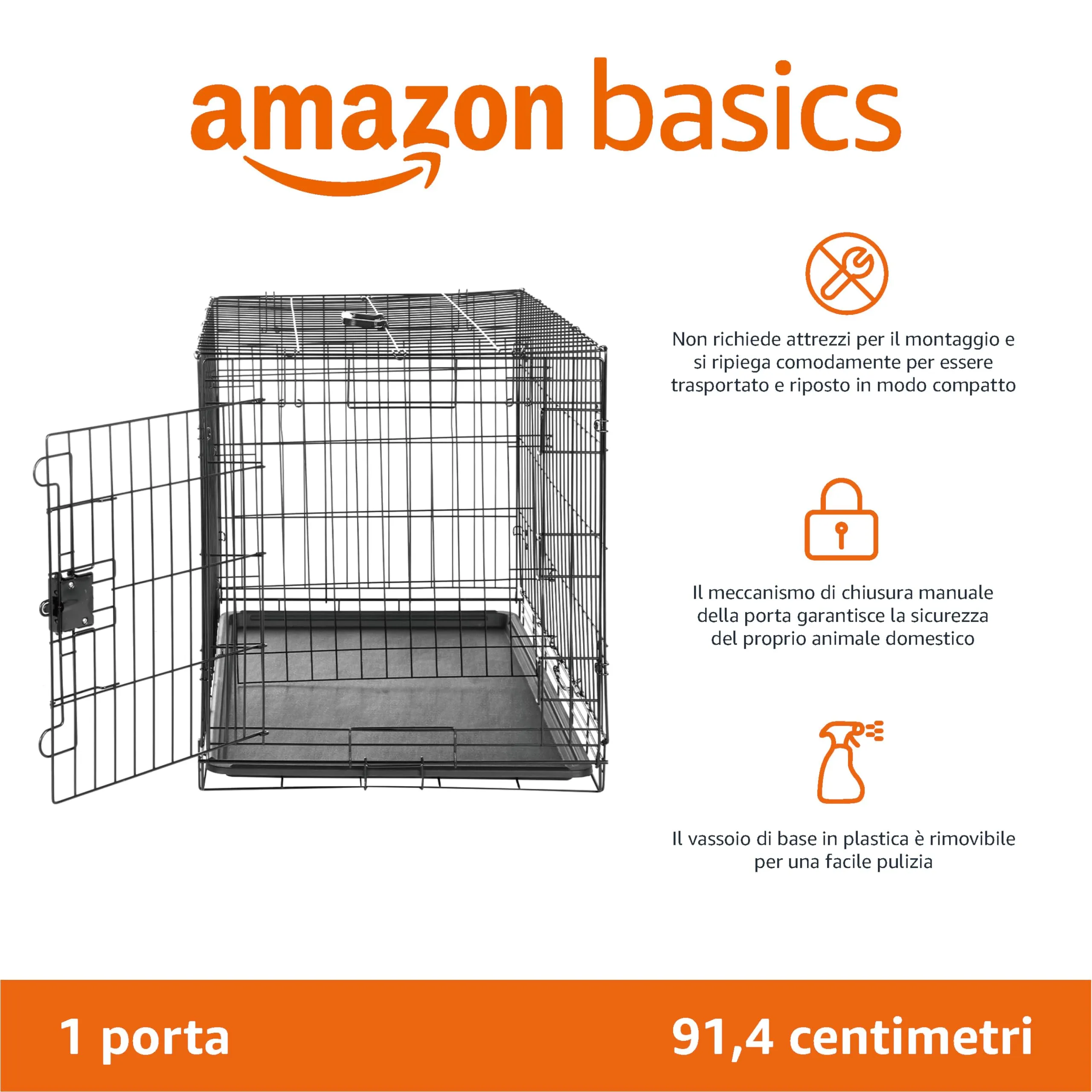Amazon Basics Gabbia per cani in metallo pieghevole con vassoio rimovibile, Nero, 91 x 58 x 64 cm - immagine 2