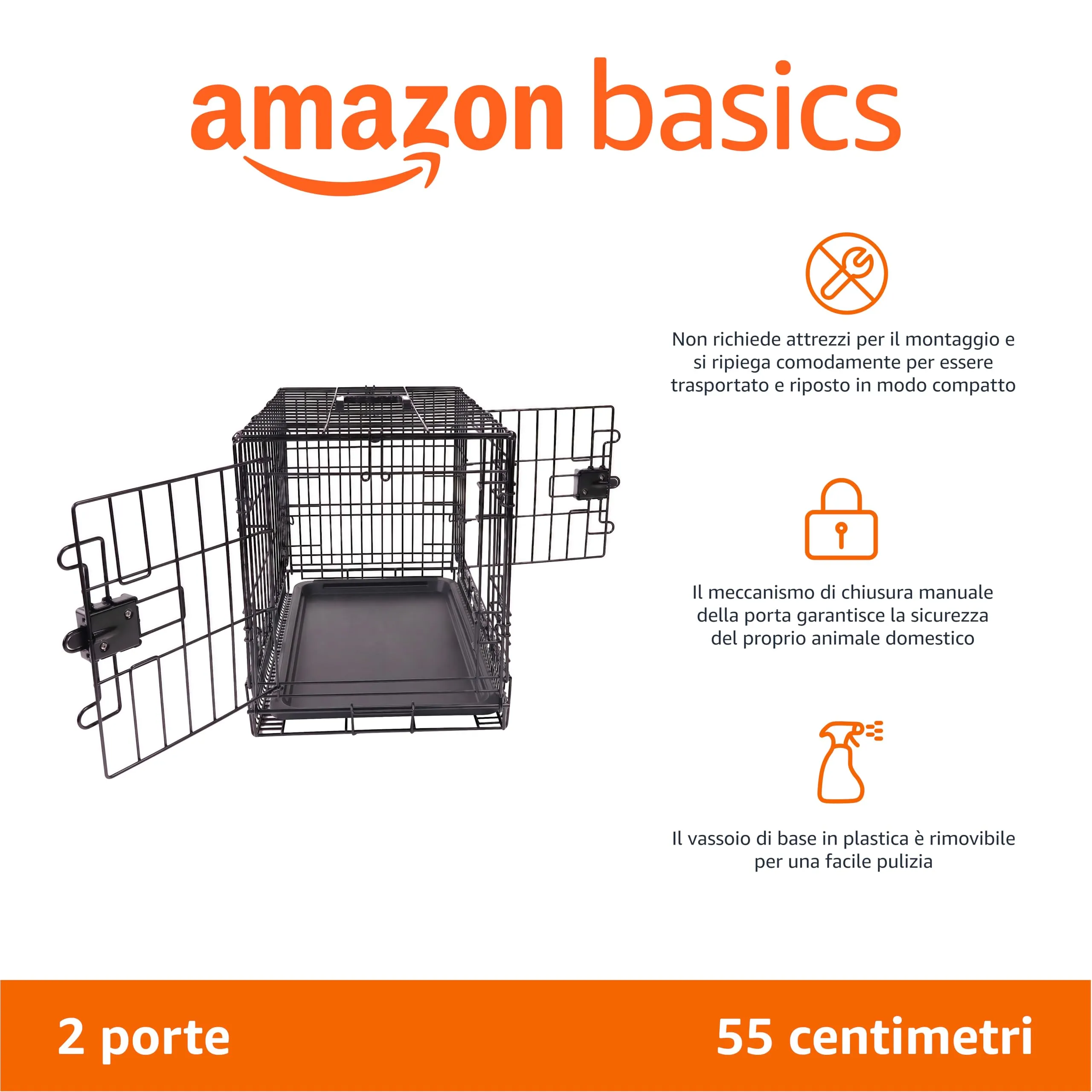 Amazon Basics Gabbia per cani in metallo pieghevole con vassoio di base e doppio sportello, Nero, 56 x 33 x 40.6 cm - immagine 2