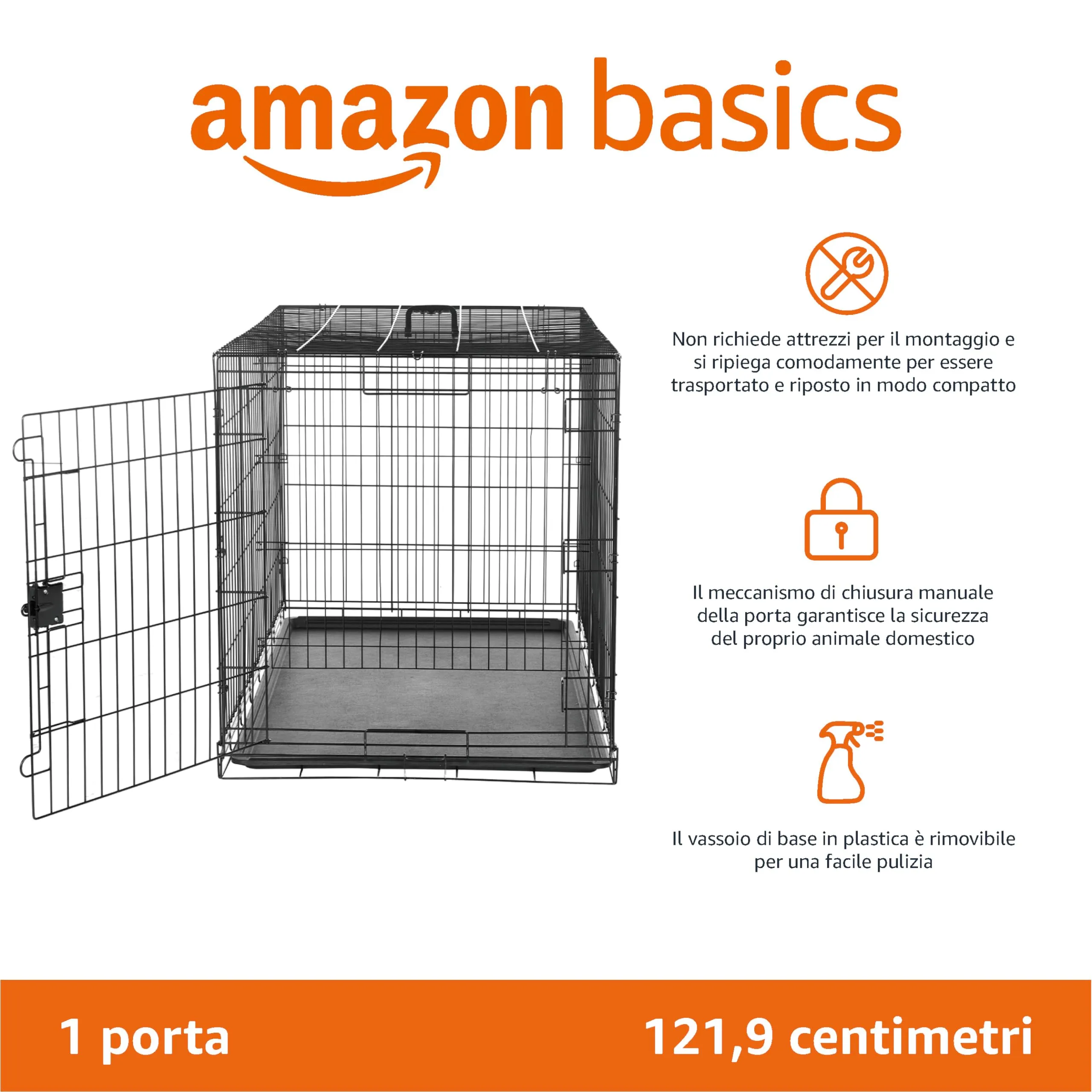 Amazon Basics Gabbia per Cani in Metallo, Pieghevole con Vassoio Rimovibile, 122 x 76.2 x 82.5 cm, Nero - immagine 2